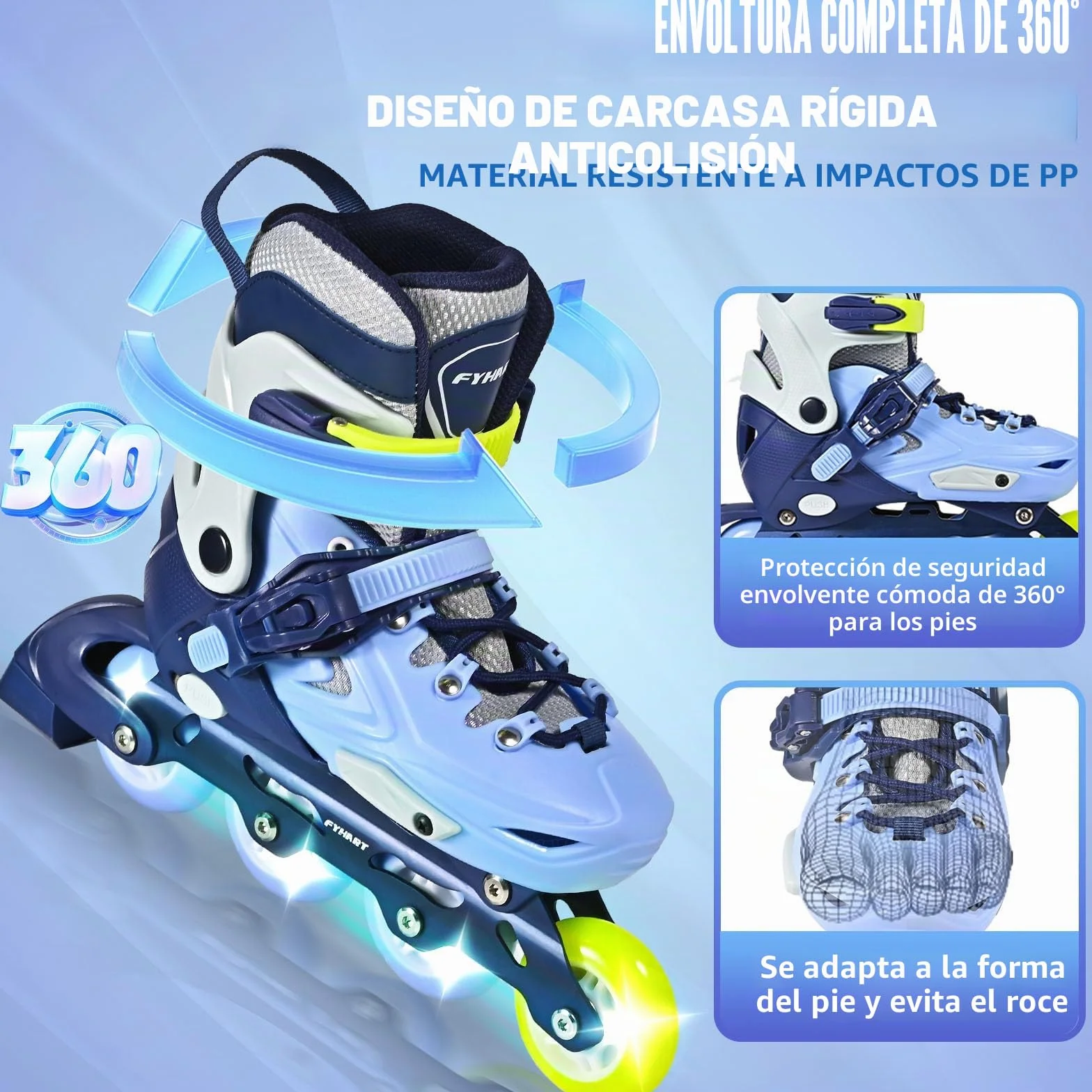 Patines en línea Ajustables para niños y niñas, 4 Ruedas con Ruedas Luminosas, Azul y Verde