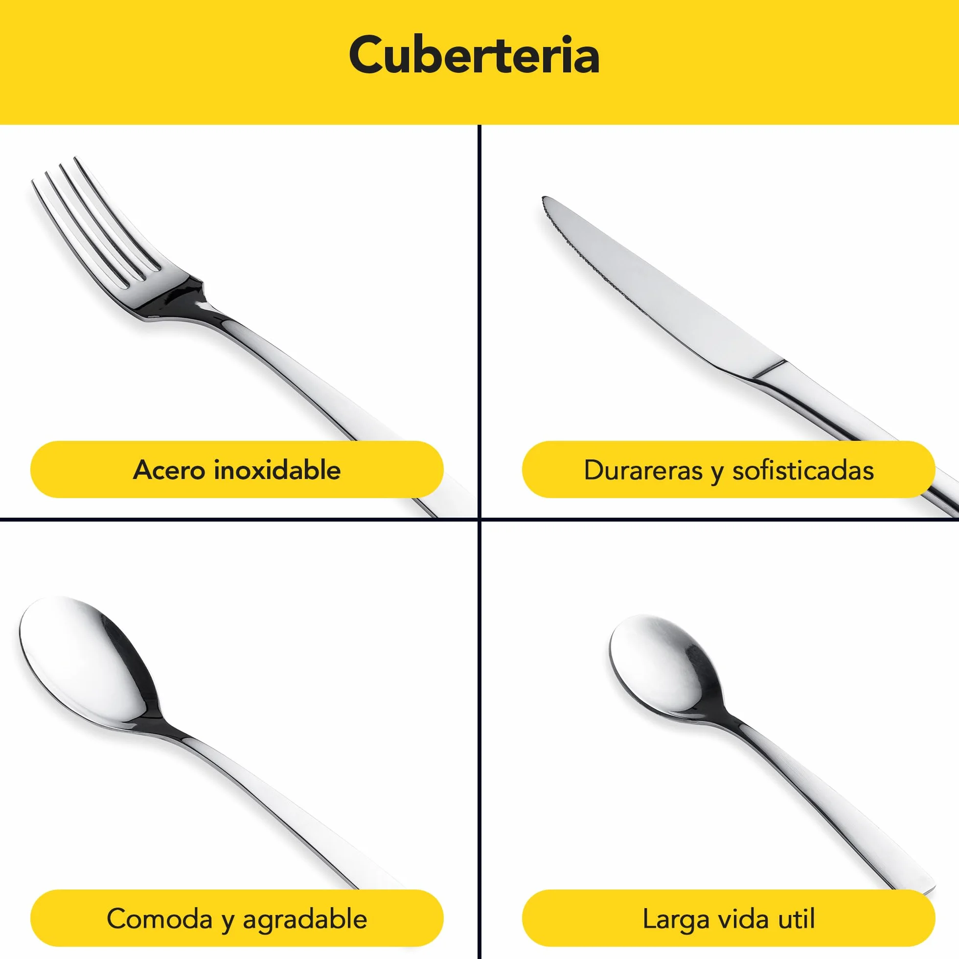 CASTEY - Cubertería Helsinki 24 Piezas, Acero Inoxidable, Diseño Escandinavo Minimalista, Acabado Pulido, Incluye 6 Tenedores, 6 Cuchillos Chuleteros, 6 Cucharas y 6 Cucharillas de Postre