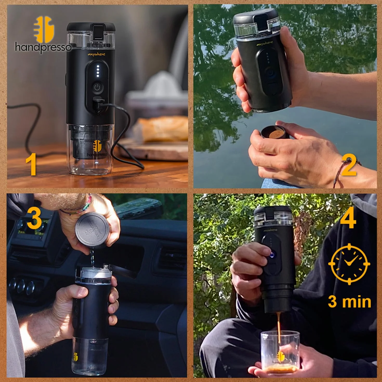 Handpresso Set E-Presso+ 21712 | Cafetera portátil alto rendimiento en su maleta con batería recargable por USB/tanche gran capacidad (80ml) | cafetera viaje para cápsulas de espresso o café molido