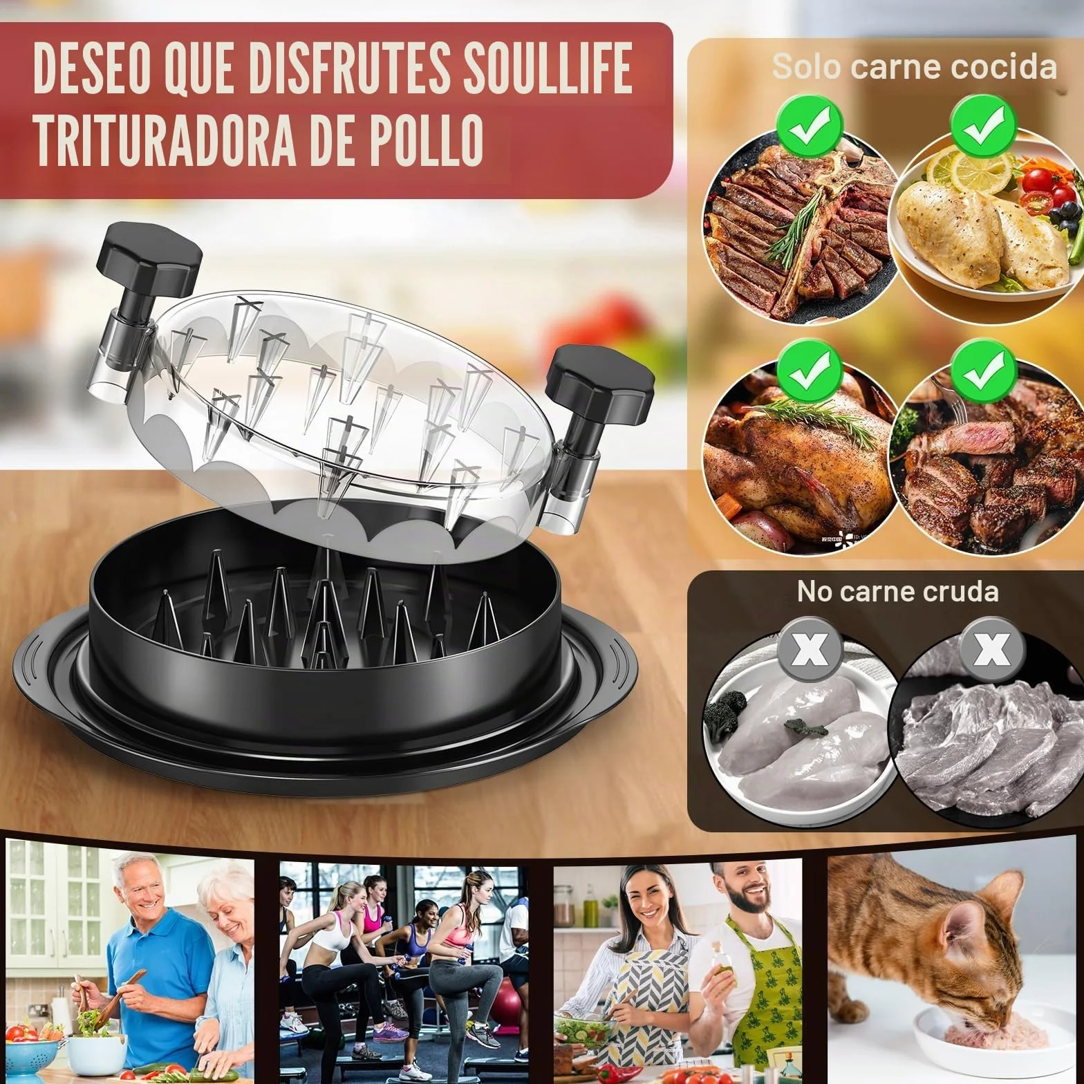 Desmenuzador de Carne Manual,Trituradora de Pollo y Cerdo con transparente Asas y Base Antideslizante,trituradora de alimentos,Lavable en Lavavajillas,Ideal para Ensaladas y Pulled Pork (Negro,20cm)