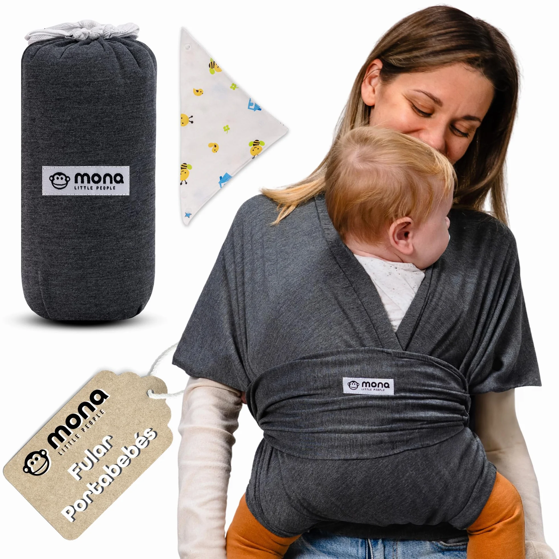 Fular Portabebés Ergonómico Transpirable Algodón Suave para Recién Nacidos hasta 15 kg Unisex con Bolsa y Babero