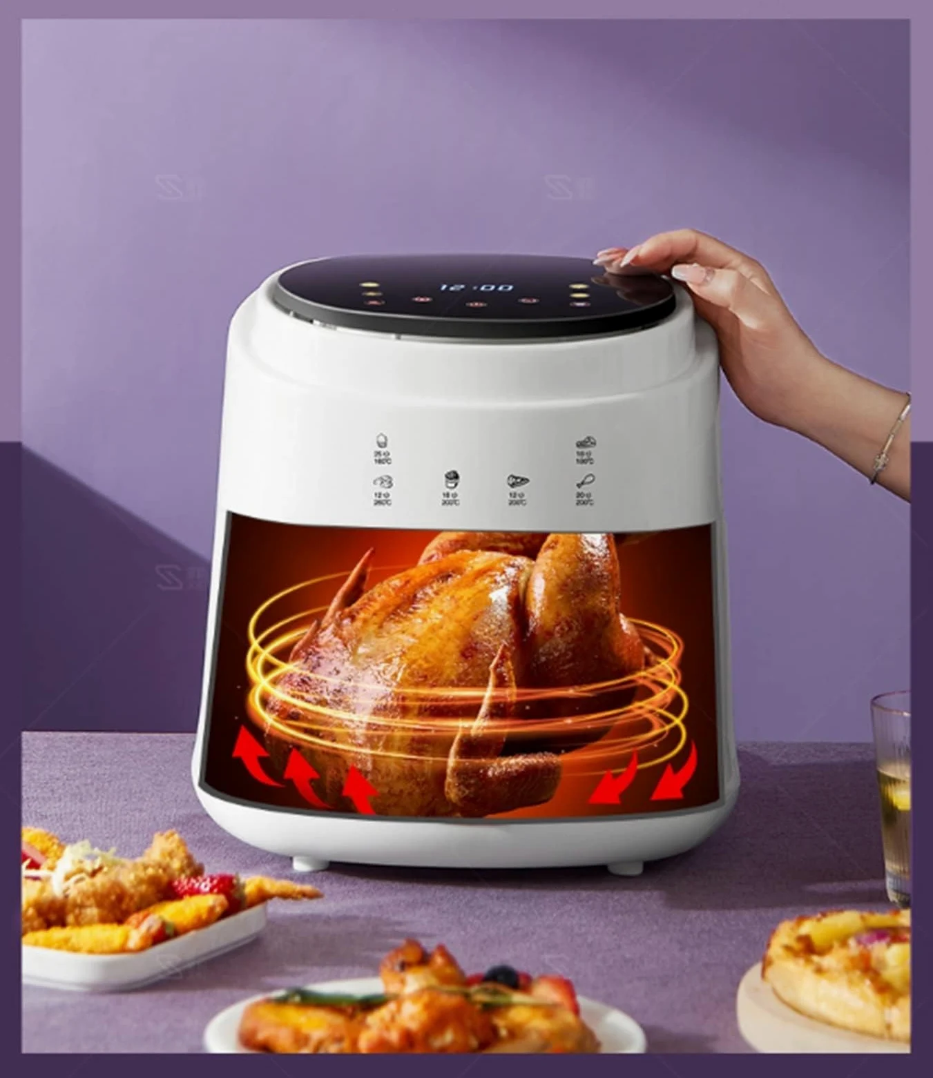 Horno freidora de aire con circulación rápida de aire, sin aceite, temporizador de 60 minutos, temperatura ajustable, cesta antiadherente, receta incluida, control inteligente para comidas familiares