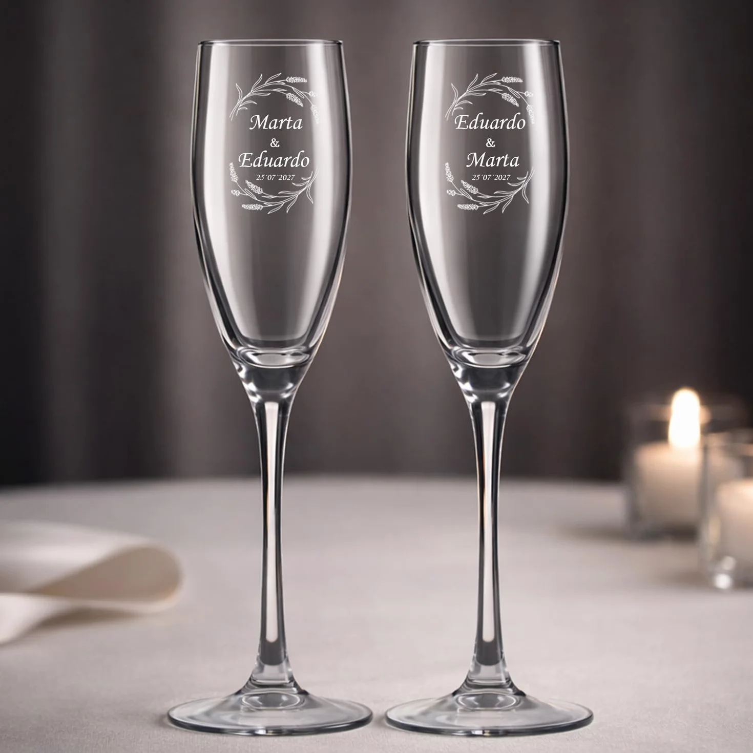 Pack de 2 Copas de Cava Personalizada con Estuche de Regalo Grabadas a Láser 20cl Boda
