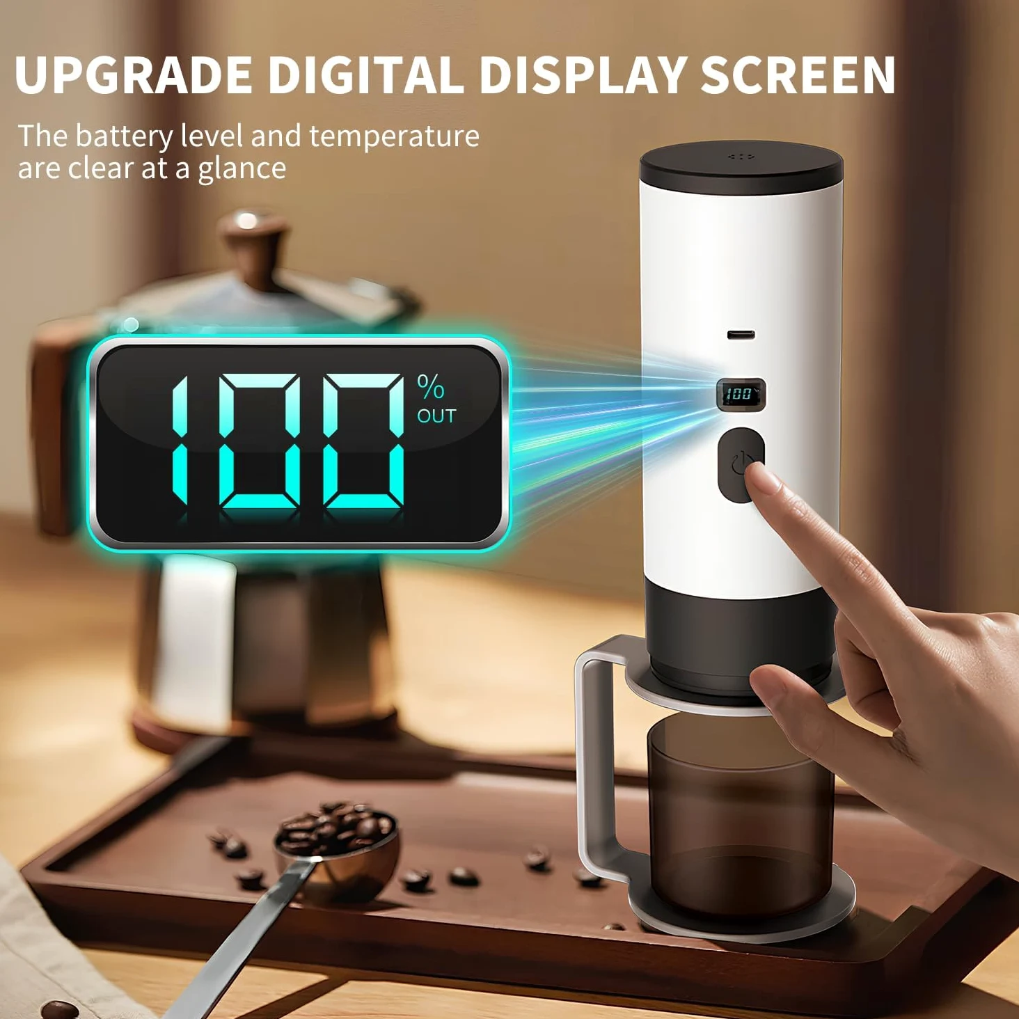 Cafetera portátil 3 en 1 con pantalla LED, tanque de 90 ml, autocalentamiento, compatible con café molido y cápsulas de espresso