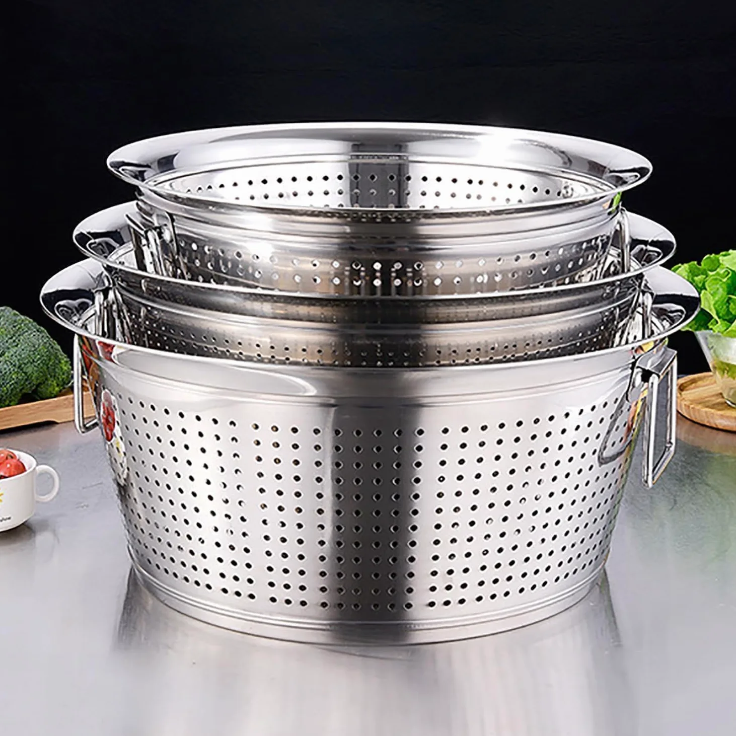 Cesta coladora de verduras, cesta de drenaje de acero inoxidable con asas dobles para escurrir pasta, fideos y lavar verduras, frutas, arroz