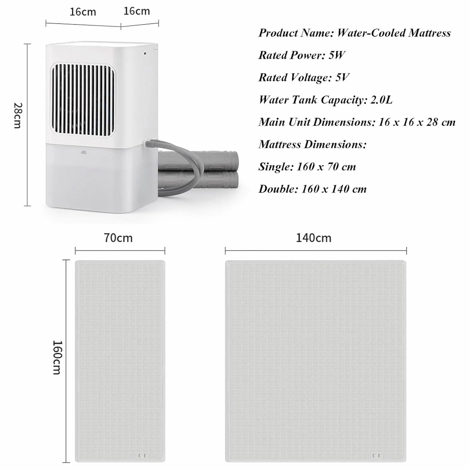 Colchón De Agua Refrigerante para Cama, Colchón Eléctrico con Refrigeración por Agua, 3 Niveles De Ajuste, con Mando A Distancia, Depósito De Agua De 2 L, Ideal para El Hogar 160 * 70cm