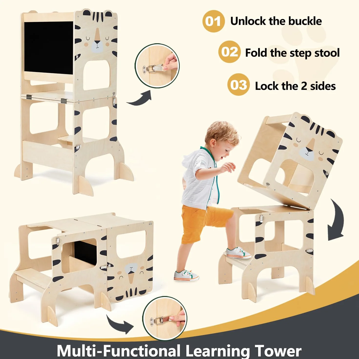 Labebe Torre de Aprendizaje Plegable 2 en 1 para niños con Tablas de Mensajes a Partir de 1 año Tigre