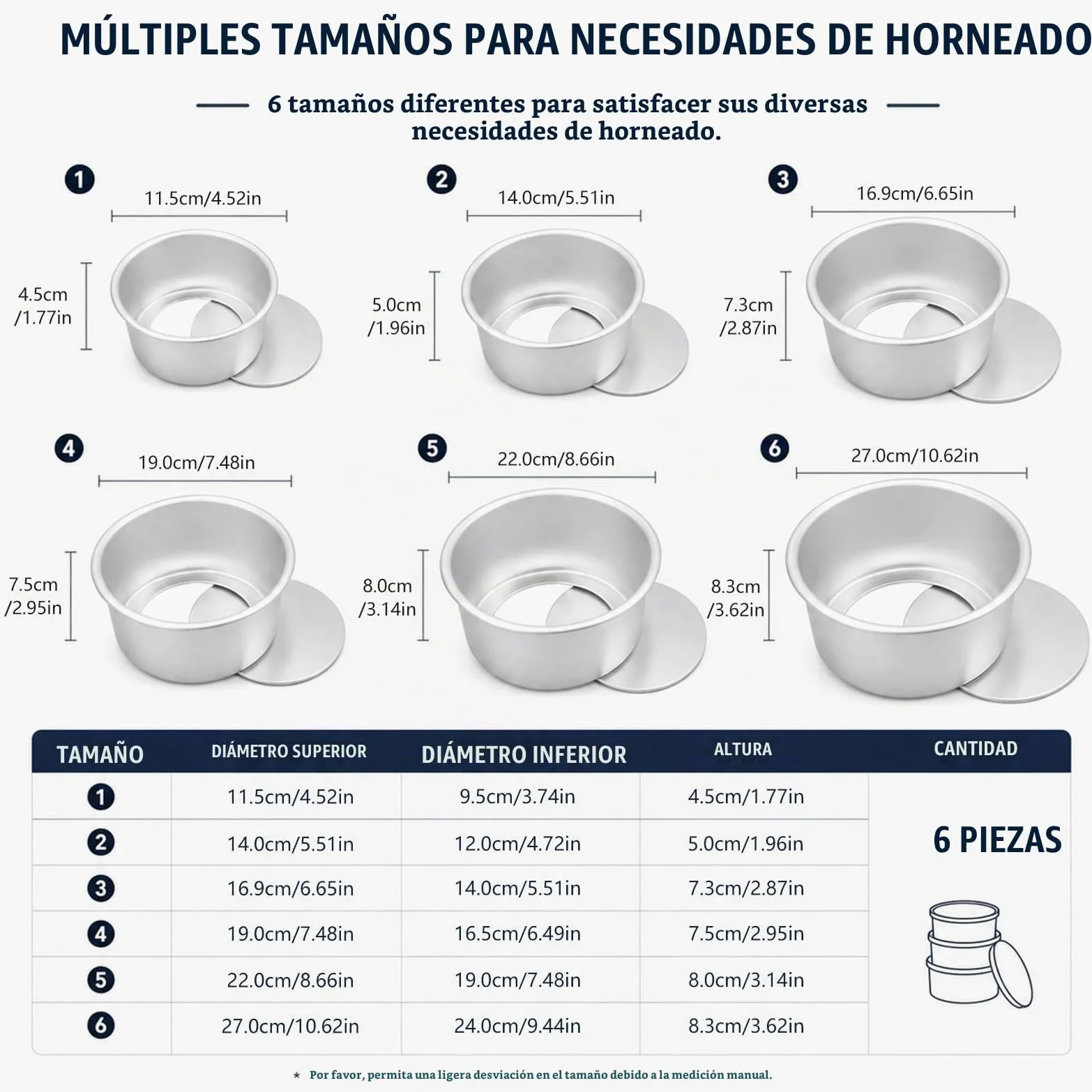 6 Piezas Moldes Reposteria Aluminio Anodizado 10/13/15/18/20/25 cm | Redondo Molde para Pastel con Base Extraíble, Molde Bizcocho Alu Anodizado para Capas de Tarta, Argento