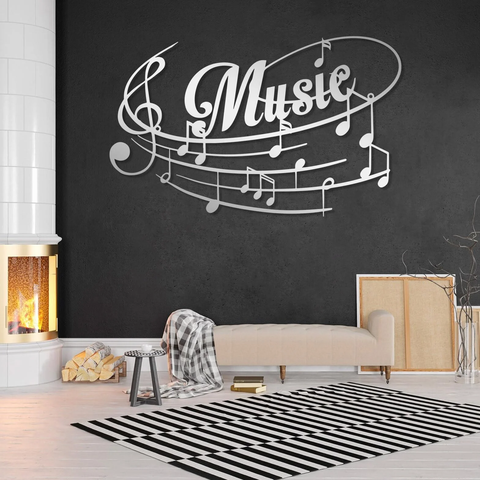 Decoración de Pared de Metal con Notas Musicales de Lujo, partituras con Pentagrama y Grabado Musical, decoración para Sala de Estar/Oficina (Plateado, 90 x 56 cm)