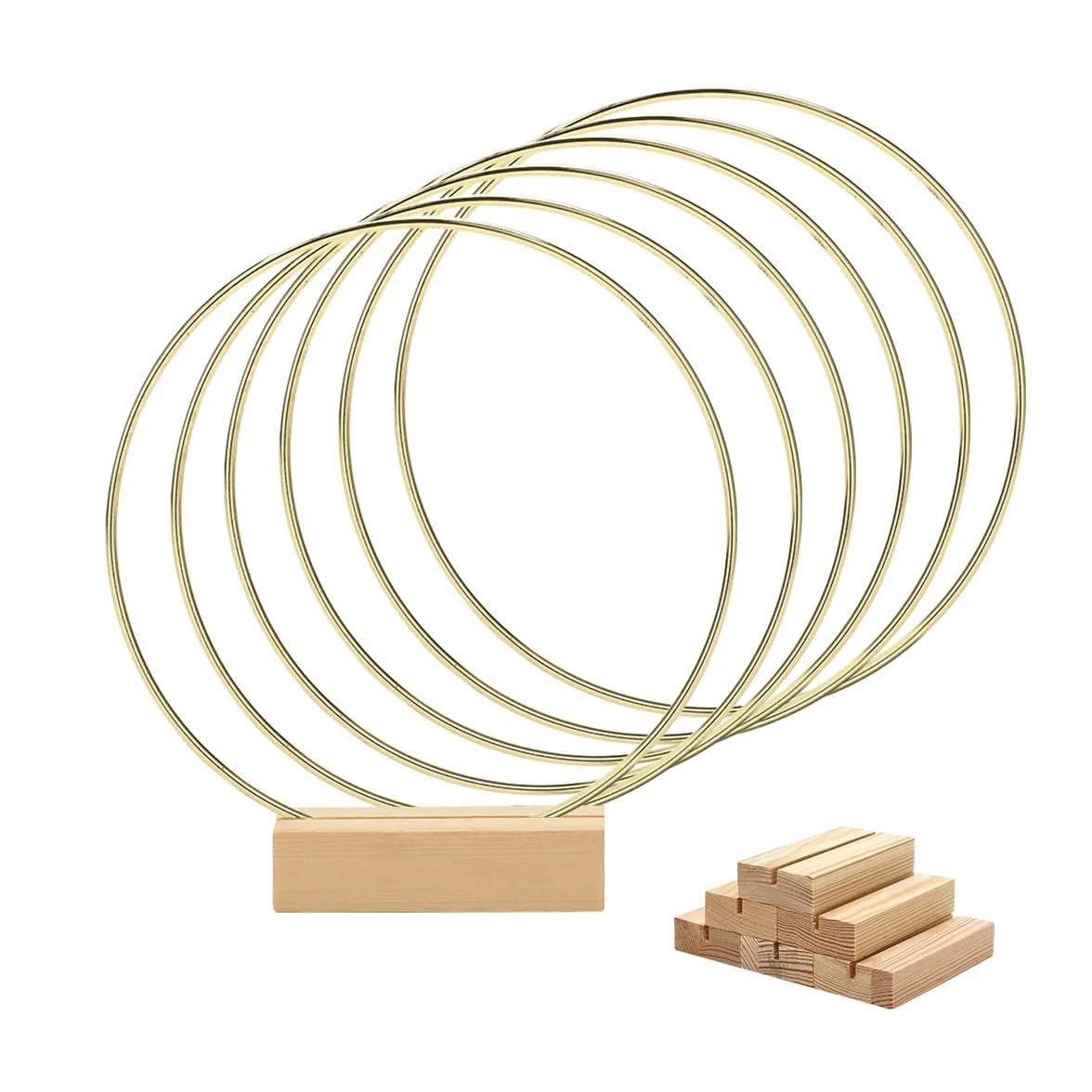 Worown 6 Piezas Aros de Metal 20cm, Anillo Metalicos Oro con 6 Soportes de Madera Natural, Aros para Centro de Mesa pare Bodas, Fiestas, Banquetes, Eventos
