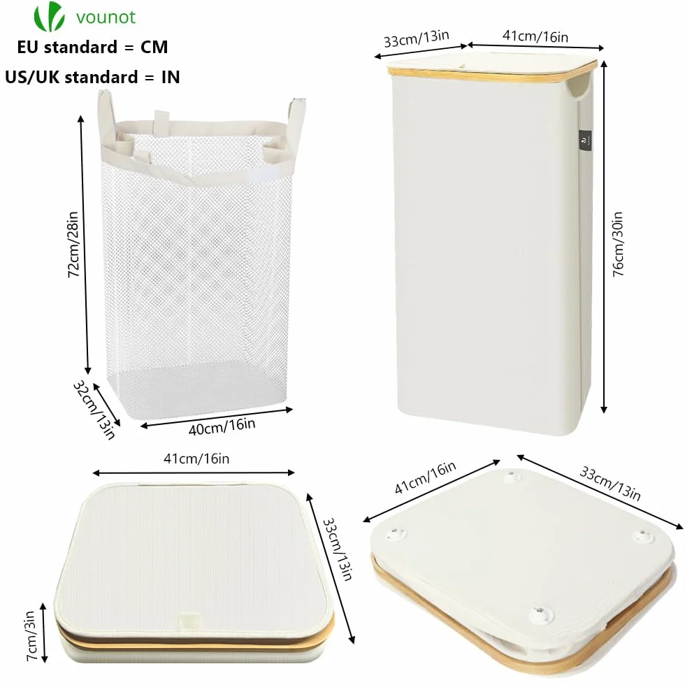 VOUNOT® Cesto Ropa Sucia 100L con Ruedas Cesta para la Colada, Cubo Ropa Sucia con Tapa y Asas de Bambú para Ropa, Cesta de Ropa Plegable Laundry Basket con Bolsa Interior Extraíble, Beige