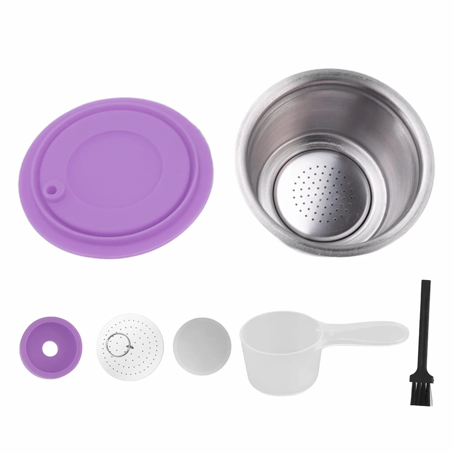 Relleno De Café Recargable, Taza De Cápsula De Café Recargable Reutilizable De Acero Inoxidable, Juego De Taza De Filtro De Café Reutilizable De Cápsulas De Café con Cubierta De Polvo(Purple)