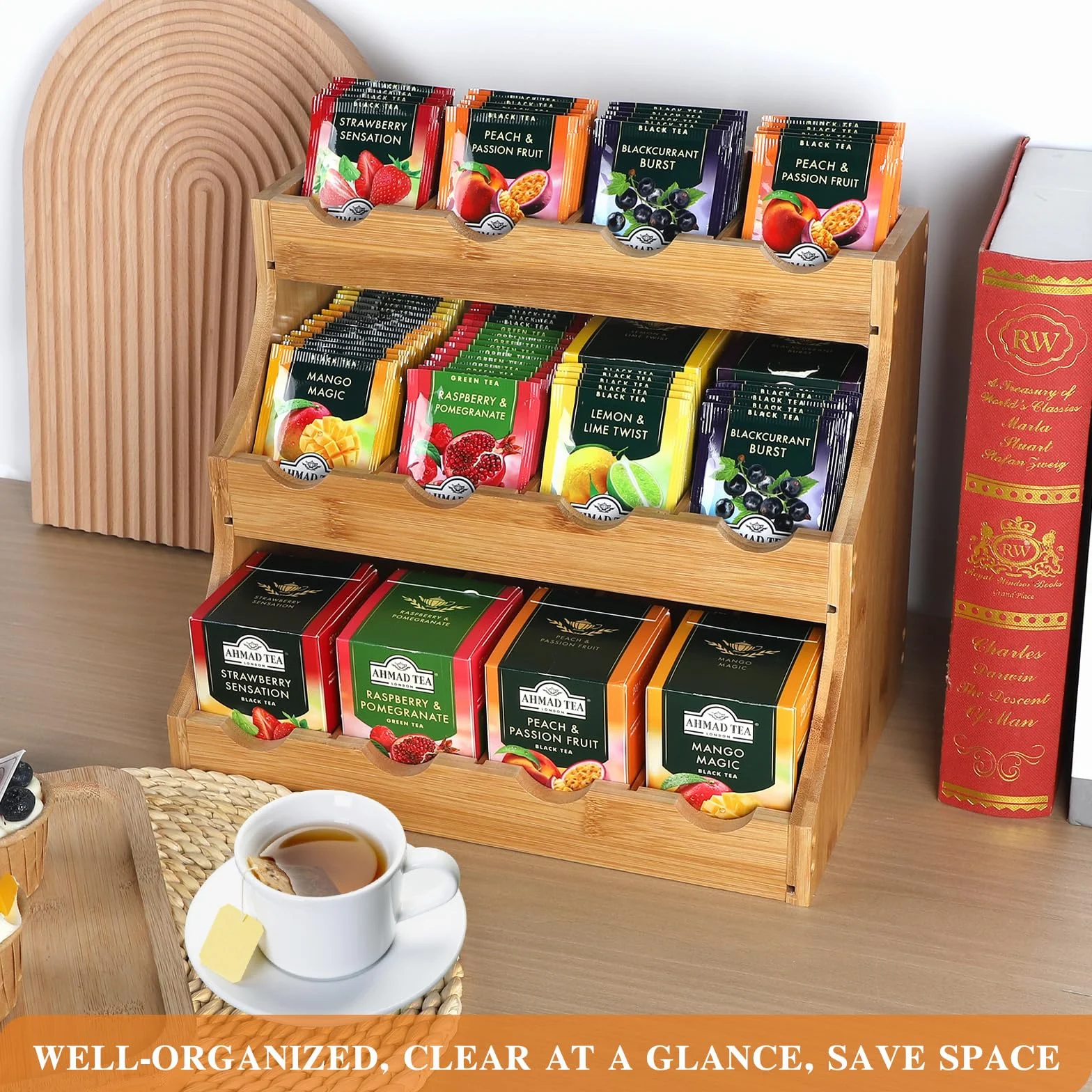 EFUTURETIME Organizador de Bolsitas de Té de Pie de Bambú, 30,7 x 25 x 20,5 cm, Estante de Té Vertical de Madera con 12 Compartimentos Ajustables, para Paquetes de Té, Café, Azúcar y Agitadores