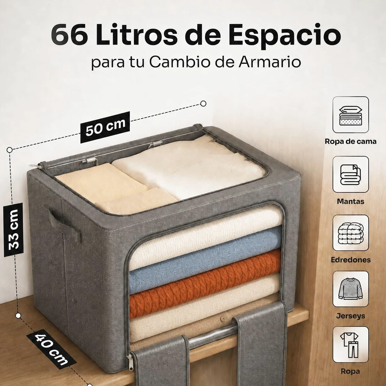 Cajas Almacenaje Ropa GRANDES Pack 2 · 66L (132L total) — Armario, Marco Metálico Rígido y Apilable, Plegable, Tela Oxford con Cremallera y Ventana Transparente Quitapelusas Incluido