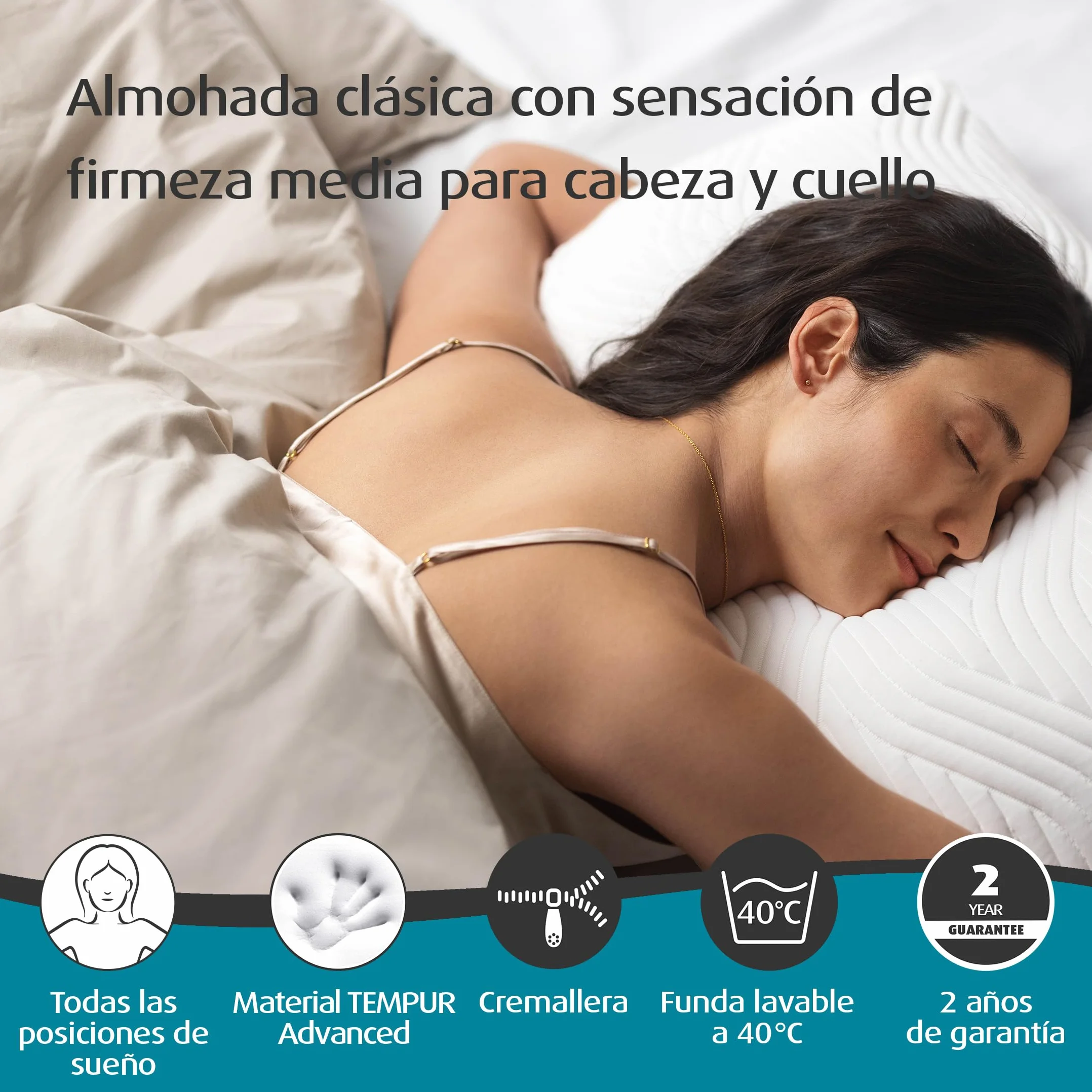 TEMPUR Comfort Medium Almohada para Dormir, Almohada clásica para Todas Las Posiciones de Dormir, Funda Lavable, Oeko-Tex Made IN Green, sensación de firmeza Media, 40 x 80 cm