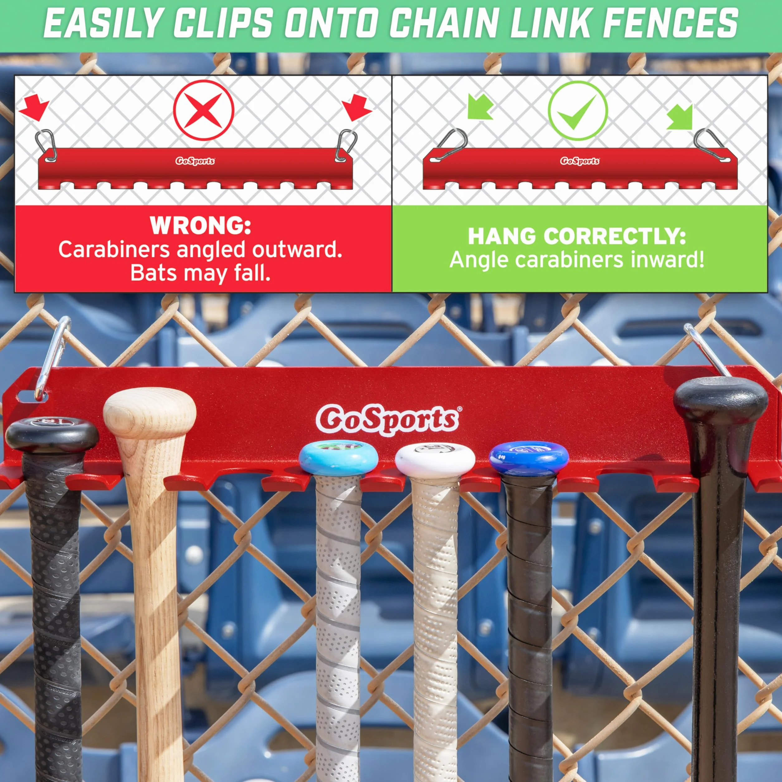 GoSports Baseball & Softball Bat Rack Black Red Holds 16 Bats Wall Mount Dugout Fence