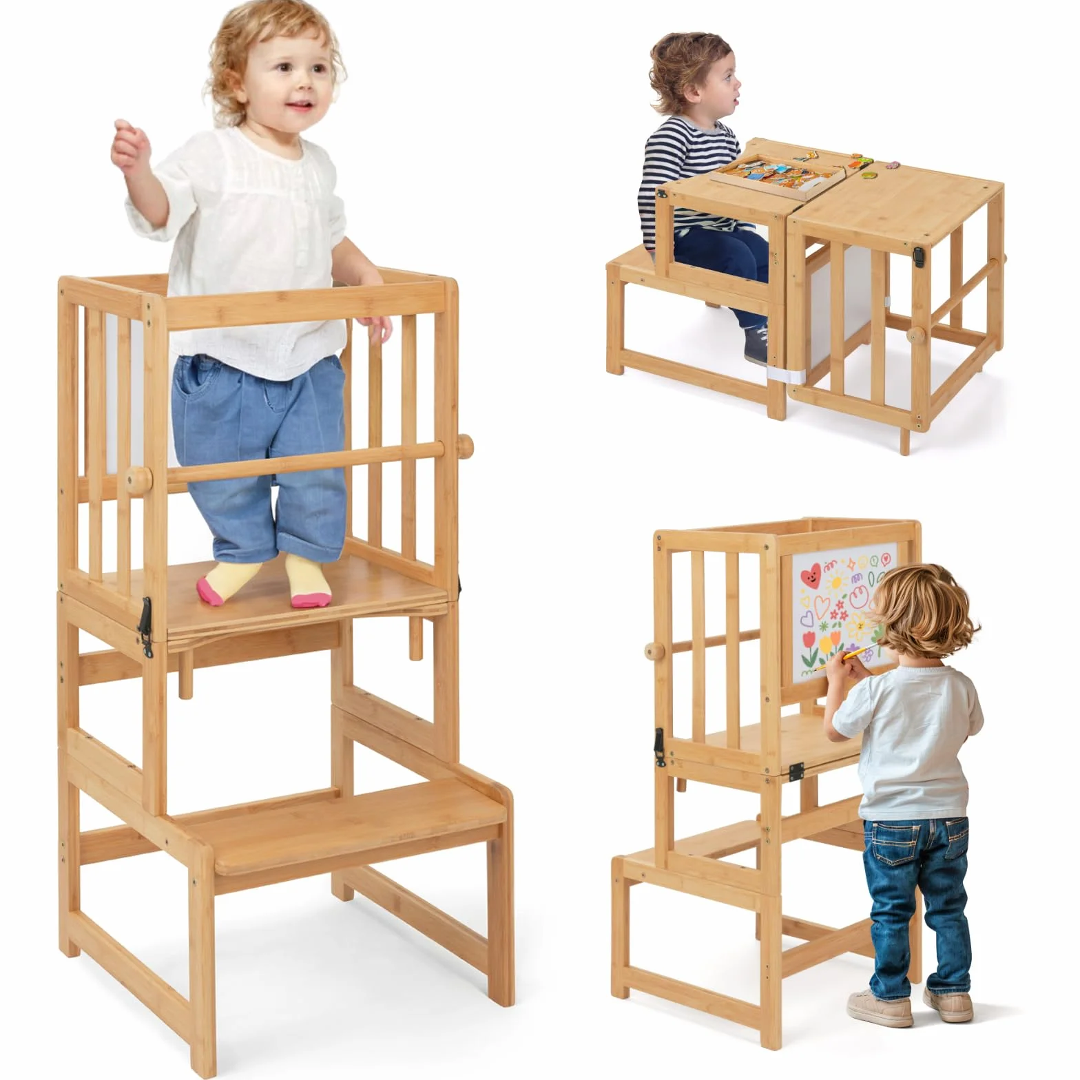 COSYLAND Torre de Aprendizaje 3 en 1 Bambú Convertible Escritorio Infantil Pizarra Dibujar Niños 18 Meses 6 Años Cocina Natural