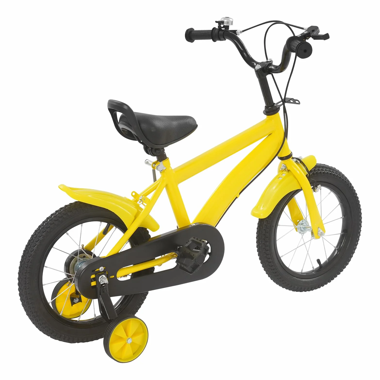Bicicleta infantil 14 pulgadas ruedas estabilizadoras guardabarros asiento ajustable 43-49 cm amarillo negro