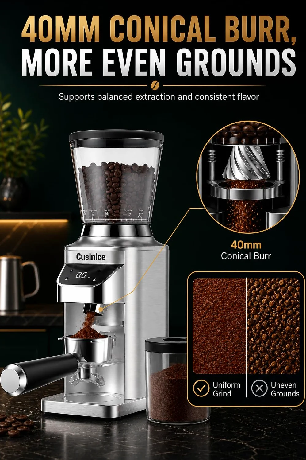 Molinillo de café expreso, 48 ajustes de molienda precisos, rebaba antiestática de acero inoxidable de 40 mm, temporizador electrónico de 0.1 s, tolva de granos de 11.5 onzas, molinillo de café cónico