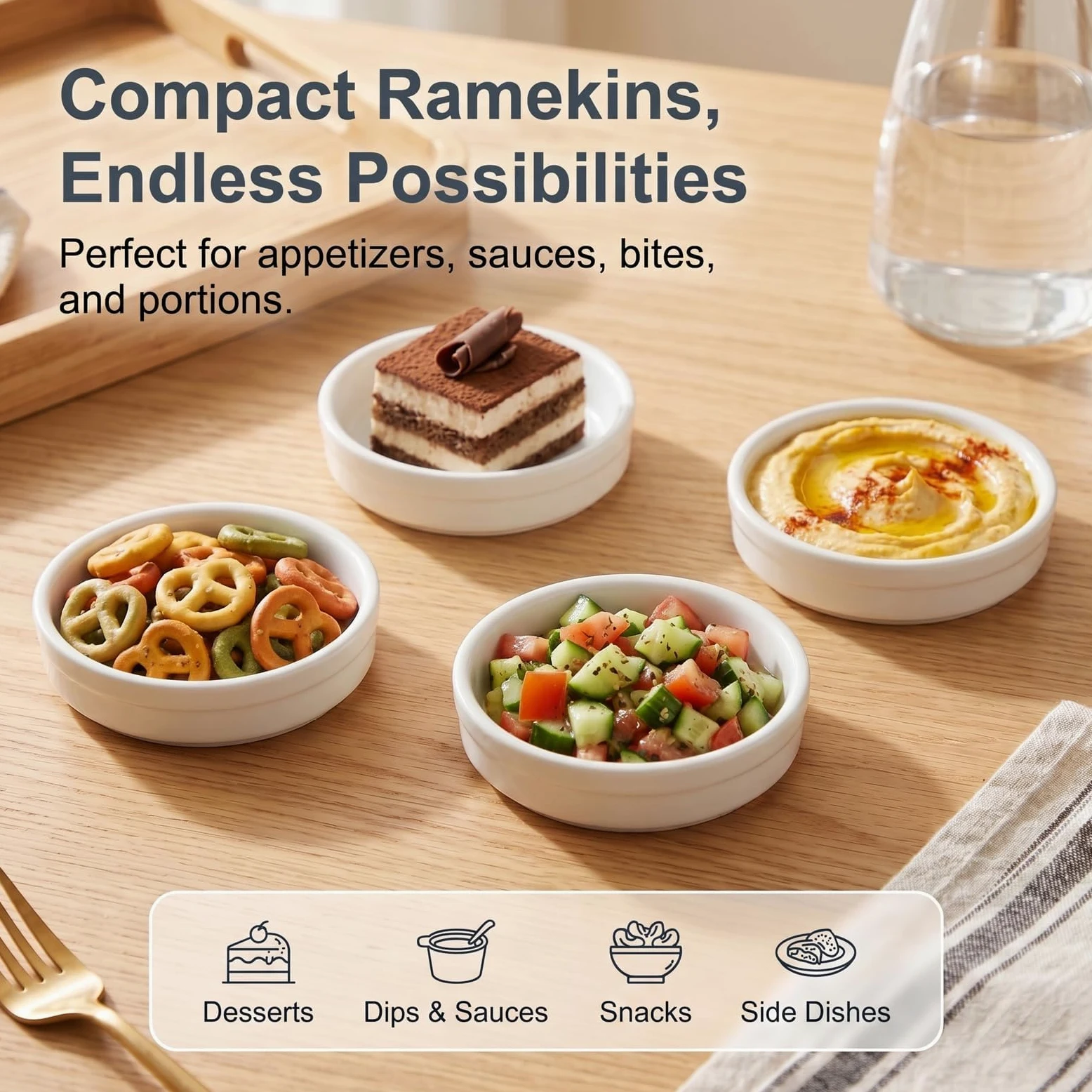 ONEMORE Creme Brulee Ramekins - Platos de cerámica para hornear de 4 onzas, juego de ramequines aptos para horno, tazas pequeñas de porcelana para soufflé, natillas, salsa de inmersión, utensilios de