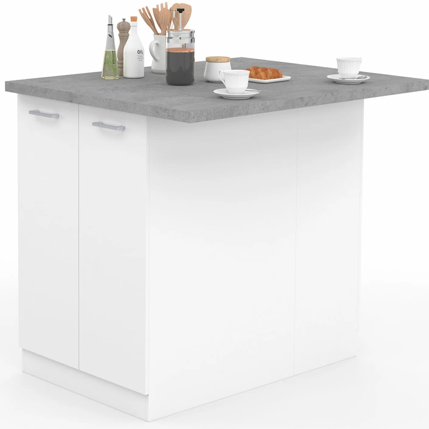 IDMarket - Ilot Central IVO 120 cm, color blanco con superficie de trabajo, efecto hormigón