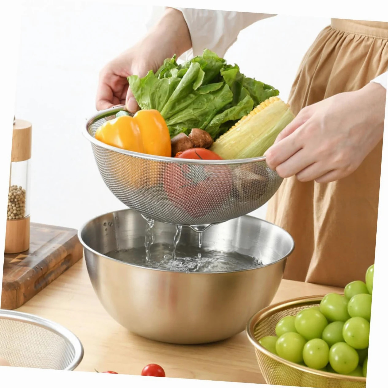 1juego Coladores De Inoxidable Malla Fina Para Verduras y Arroz Escurridor De Cocina Resistente y Práctico Para Uso Diario
