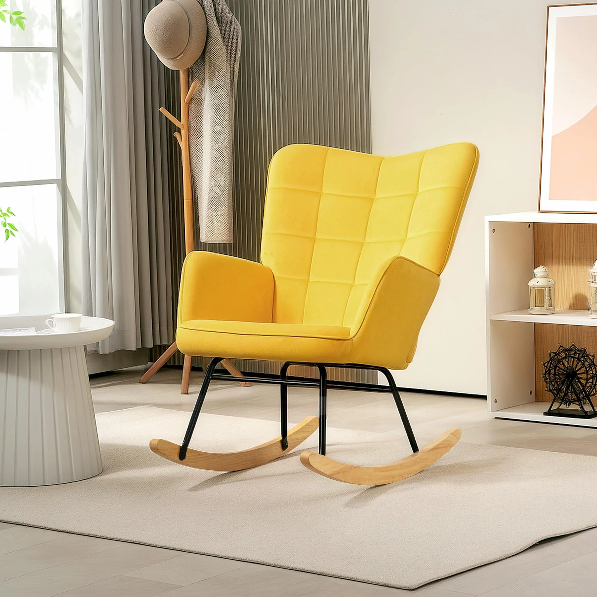 HOMCOM Sillón balancín tapizado de terciopelo estructura acero patas madera maciza amarillo