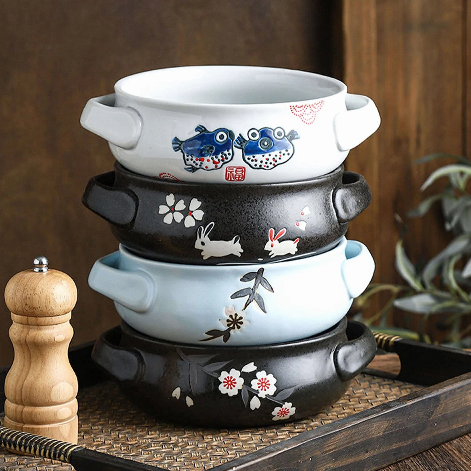 Cuenco para ensalada, cuencos para sopa, cuenco de cerámica con asa, cuenco de ramen de cerámica, cuencos Pho grandes, cuenco de sopa apto para microondas, cuenco de fideos Udon-conejo-23x20x7cm, 80