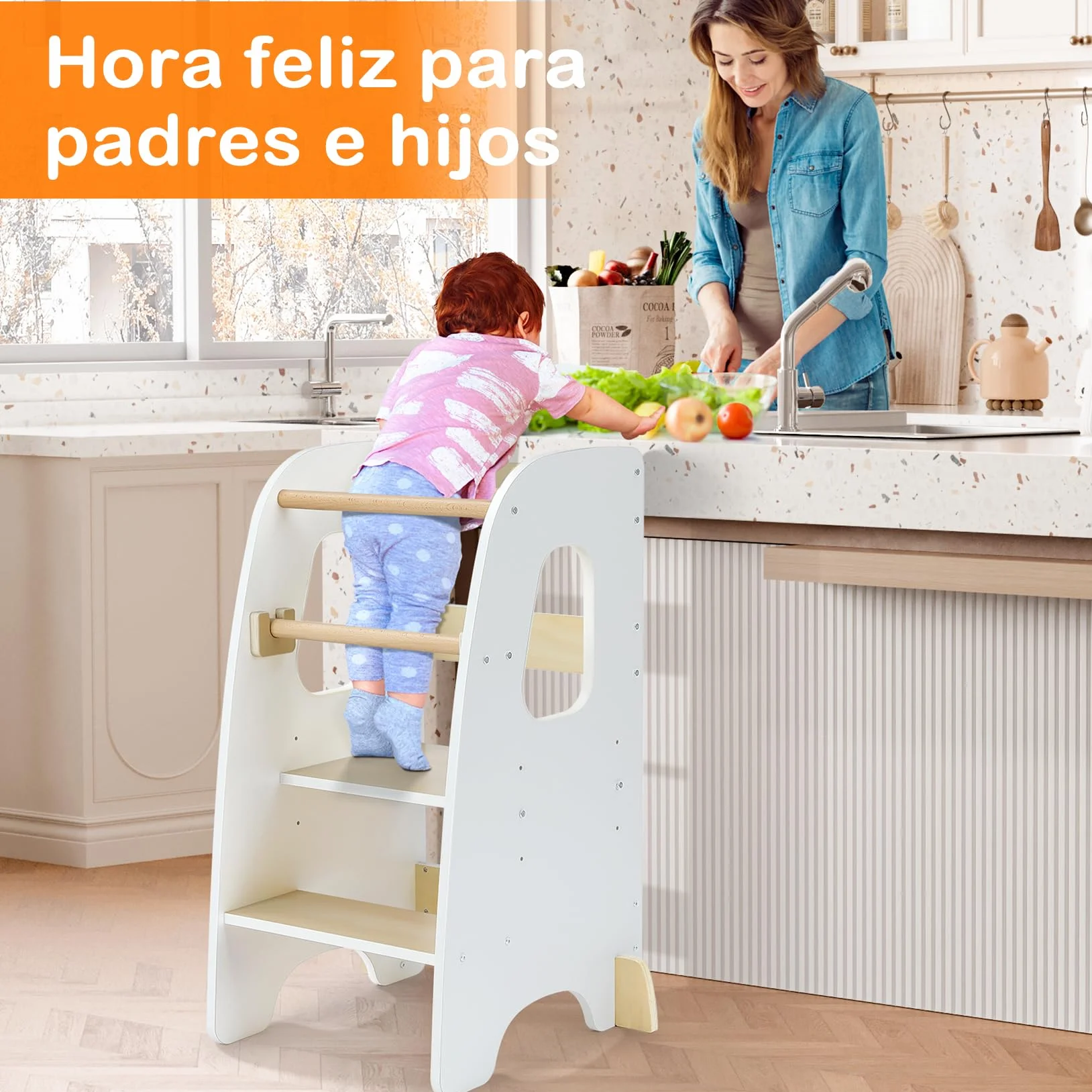 Ezebaby Torre de Aprendizaje Montessori Madera Altura Ajustable con Barandilla de Seguridad para Niños 1-6 Años Blanco