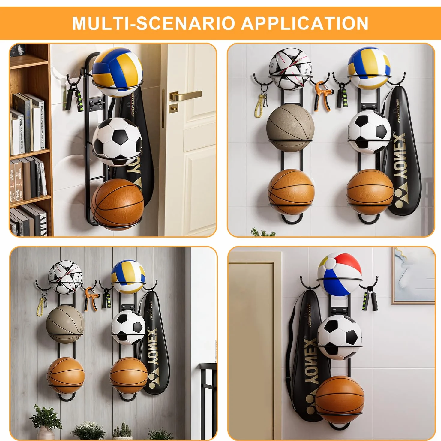 Soporte Balón Fútbol Colgante de Pared 3 Pisos, Extraíble para 3 Balones, Metal, Ahorra Espacio