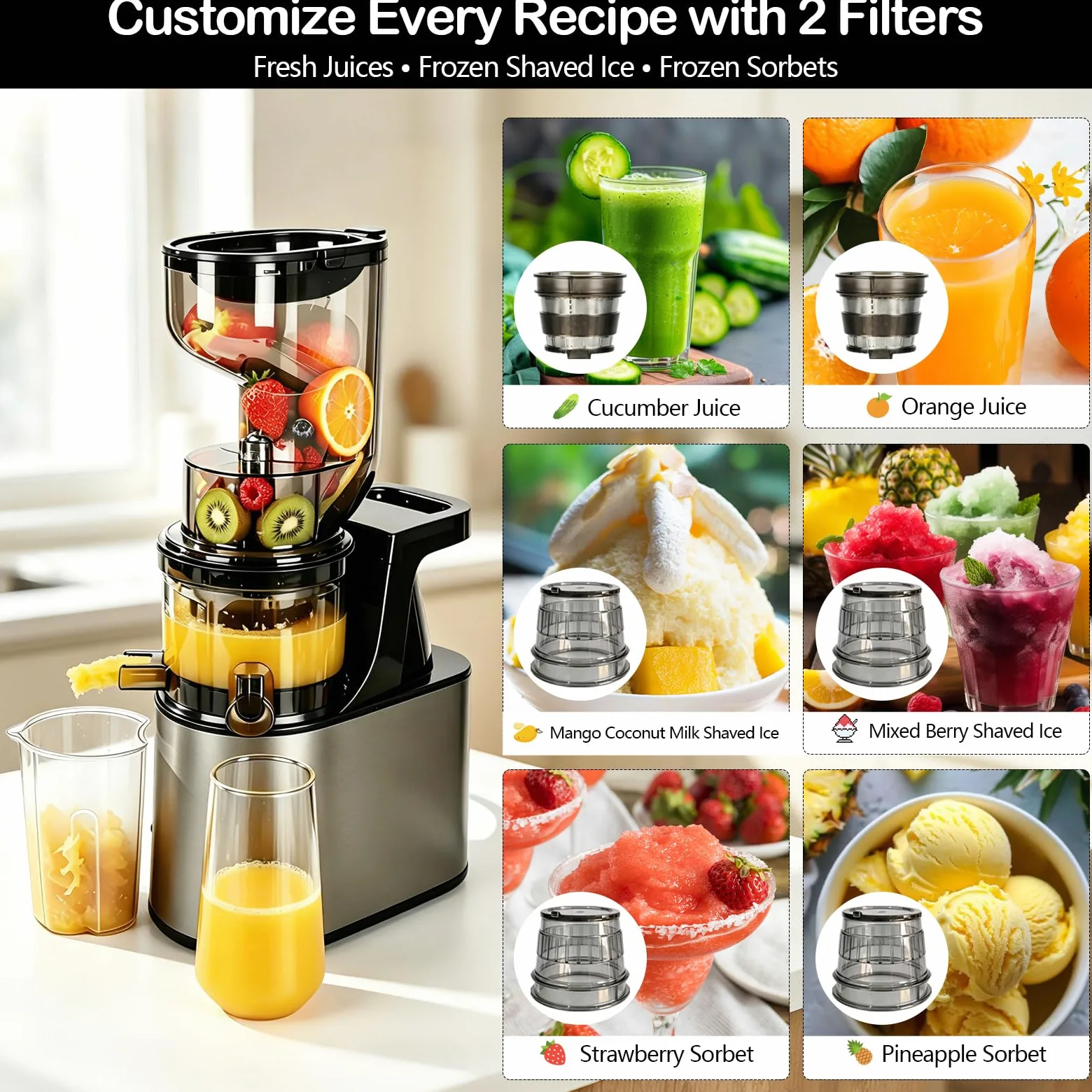 Extractor de Jugo Slow Juicer 1L, Entrada XXL de 160 mm | Hasta 97 % de Rendimiento, 2 Sistemas de Filtro para Zumo Sorbete Leche Vegetal & Helado de Frutas, Recetario Incluido