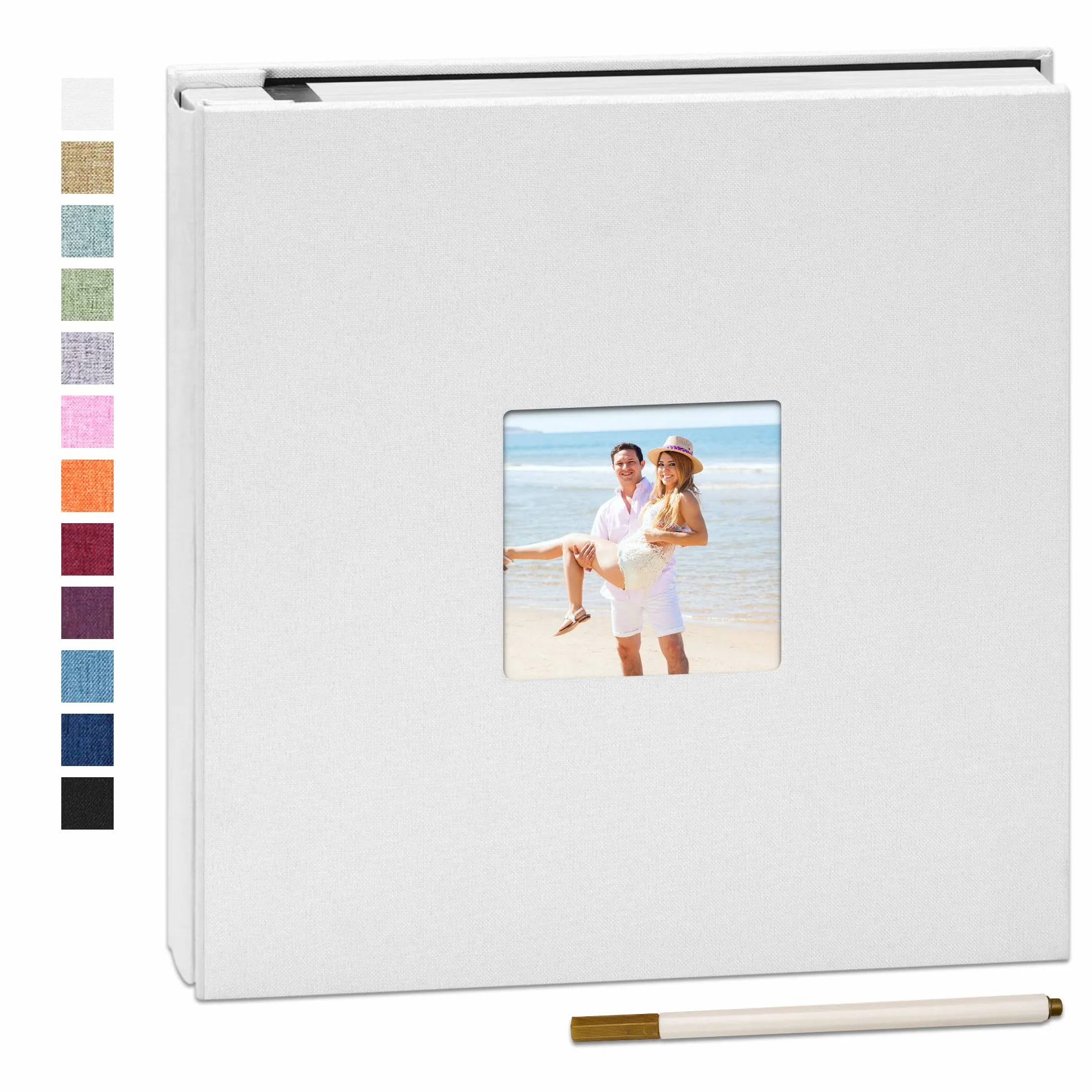 Álbum de Fotos Autoadhesivo 28x27 cm 40 Páginas para Fotos 10x15 13x18, Álbum Scrapbook de Lino para Pegar y Escribir, Con Bolígrafo Metálico, Regalo Familia Bodas Viajes, Blanco