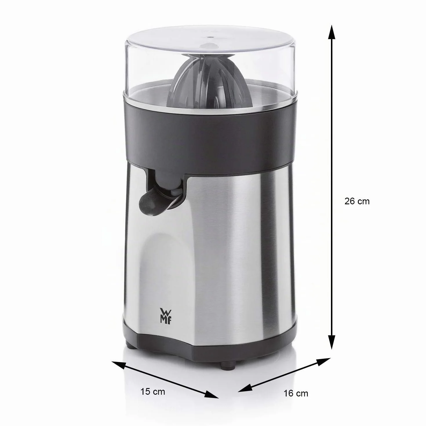 WMF Stelio - Exprimidor, 85 W, 2 conos intercambiables y colador extraíble de cromargan y cierre antigoteo, apto para limón, naranja y pomelo, acero inoxidable, cromargan