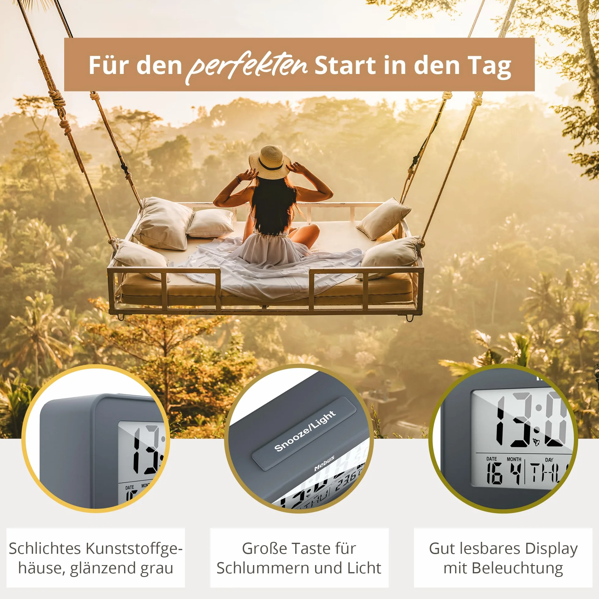 MEBUS digitaler Funk-Wecker mit Mondkalender, Beleuchtung, Innenthermometer, Schlummer-Funktion/Material: Kunststoff/Farbe: Grau/Modell: 51460