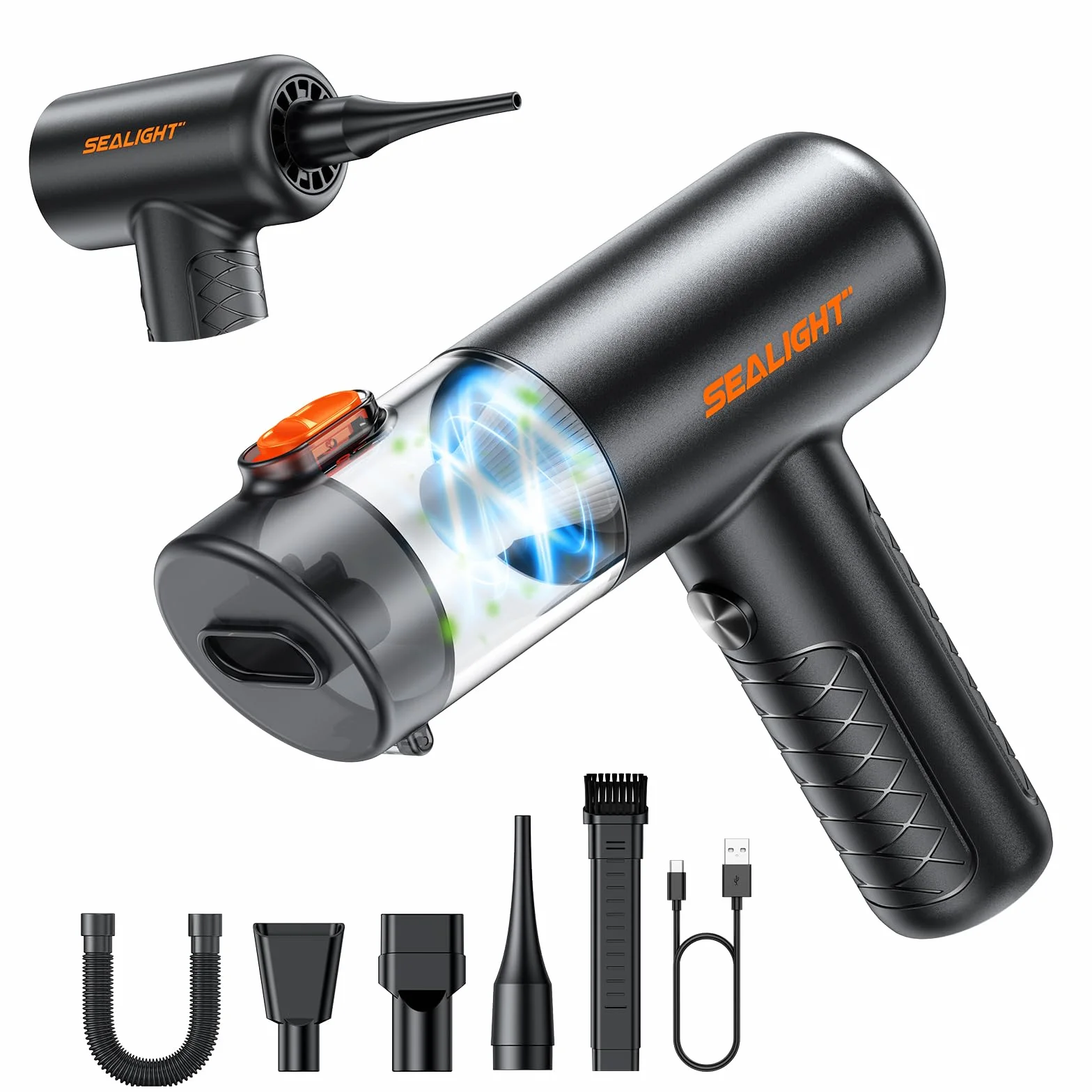 SEALIGHT Aspirador de Mano, 32000PA 4 en 1 Aspiradora de Coche con Motor Sin Escobillas, aciado Automático de un Toque, Aspirador Coche con Motor Sin Escobillas, para Pelo de Mascotas, Coche, Hogar