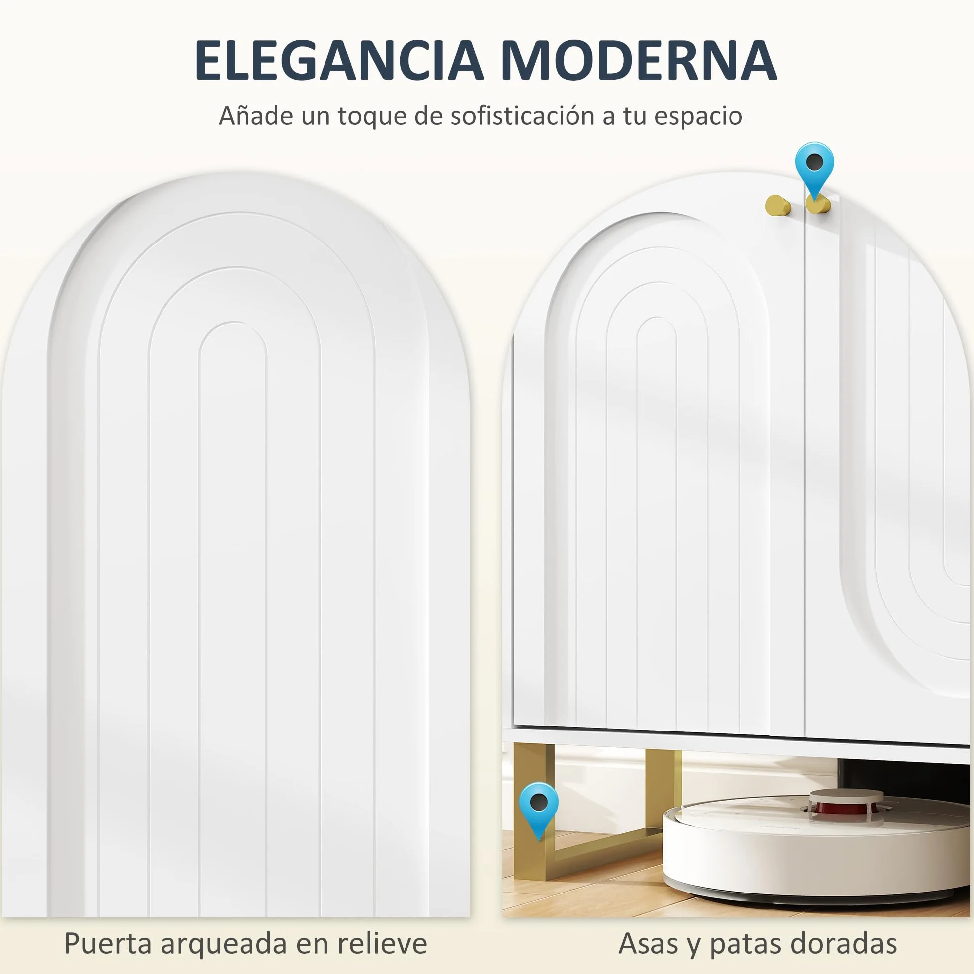 HOMCOM Aparador 4 Puertas Aparador para Salón Moderno con Estantes Ajustables y Patas Doradas para Comedor Entrada Mueble para TV hasta 65 Pulgadas Blanco 140,8x35x77,5 cm
