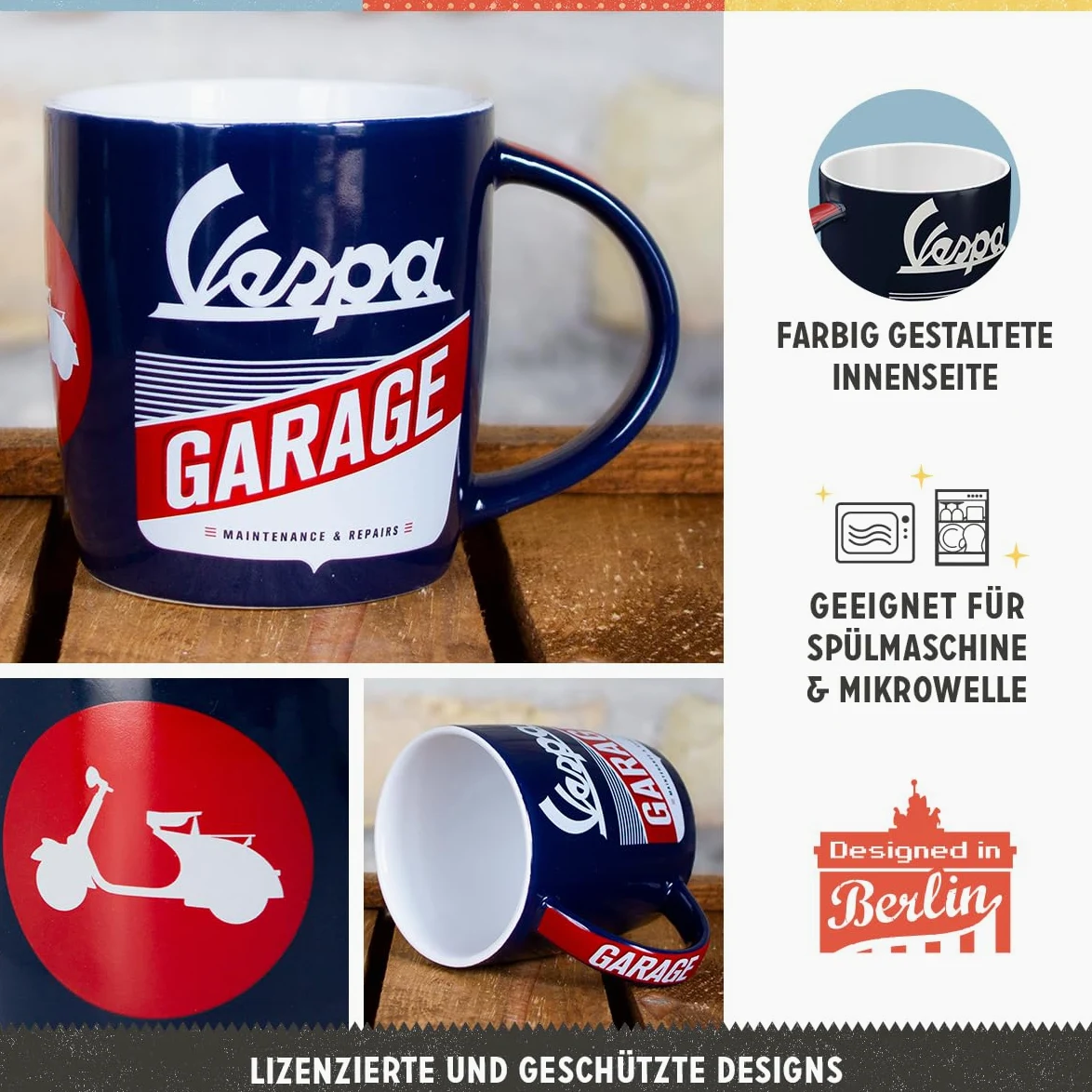 Nostalgic-Art Juego de 3 tazas de café retro de Vespa de 330 ml, idea de regalo para los amantes de los scooters, taza de cerámica, diseño vintage