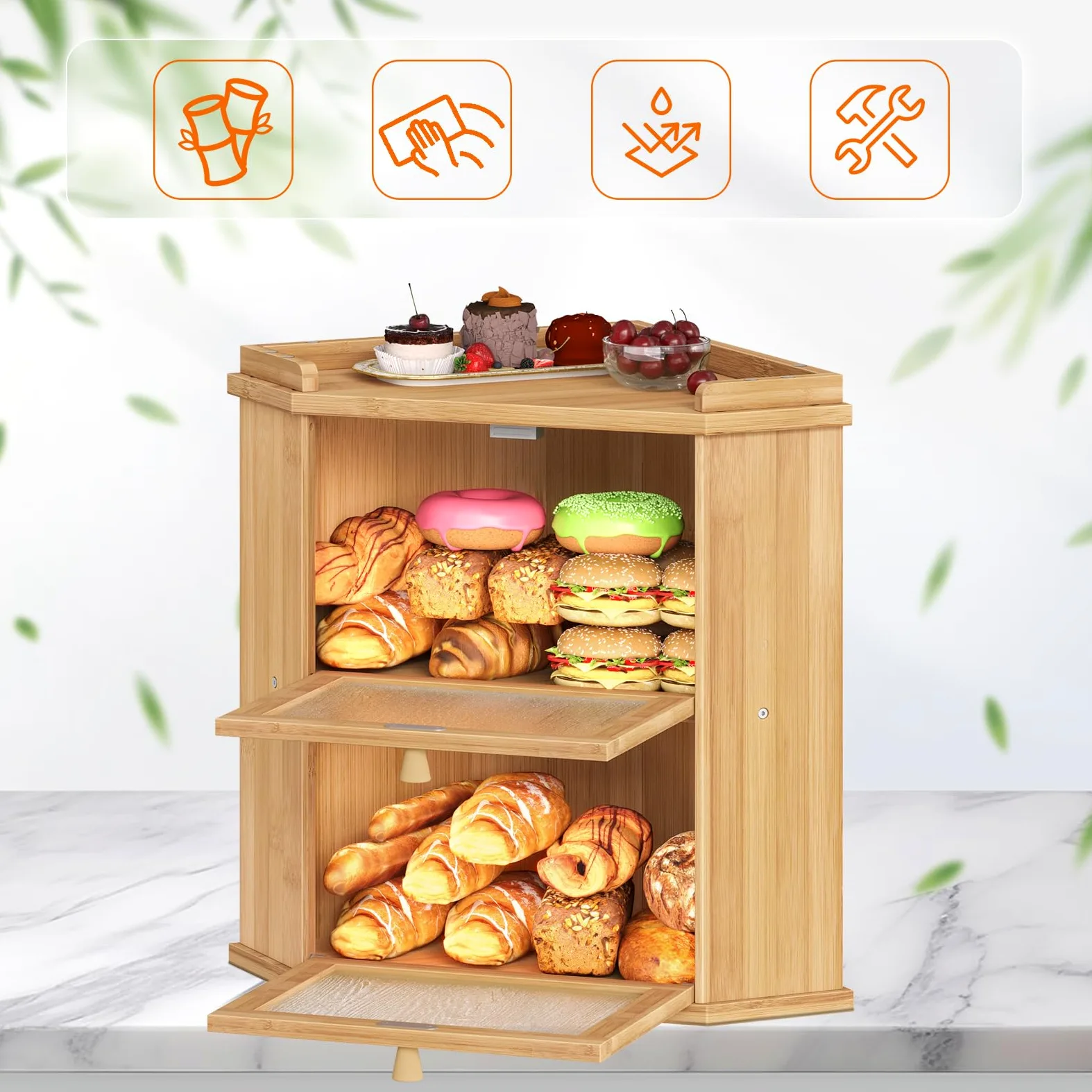 HOOBRO Panera, Caja para Pan de Bambú, Doble Nivel, con Compartimento Superior, para Cocina y Comedor, 32 x 32 x 44 cm, Natural EYL19MB01
