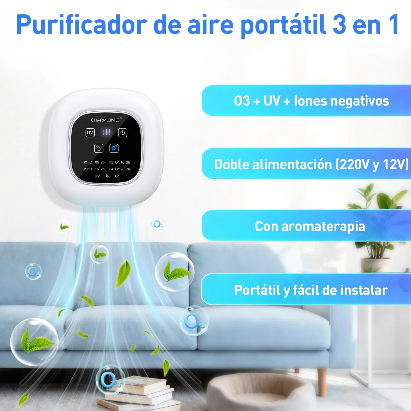 Purificador de aire portátil 3 en 1 con aromaterapia, elimina rápidamente los olores de mascotas y humo, devuelve el aire fresco a los espacios pequeños y es compatible con enchufe o batería externa