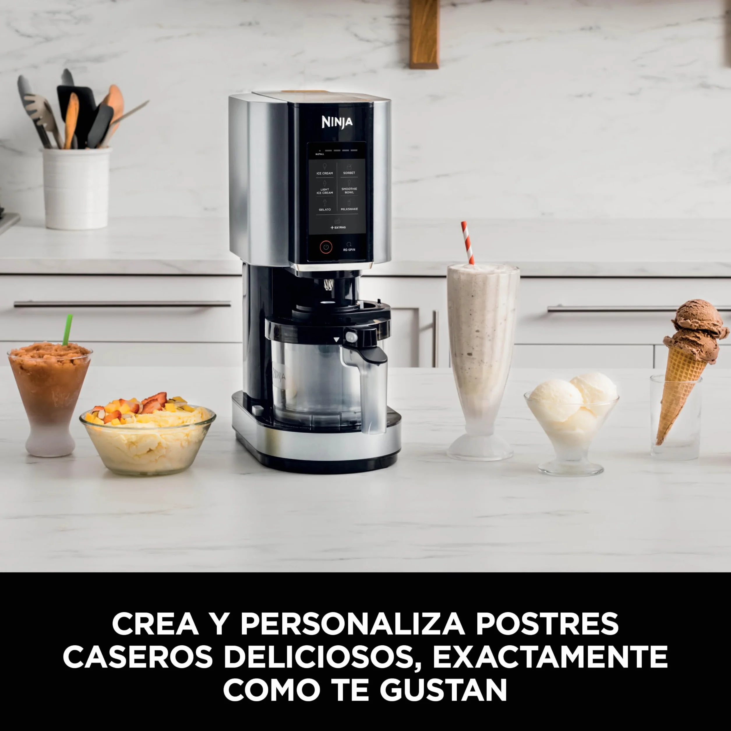 Ninja CREAMi Heladera Eléctrica Multifunción - 7 Programas para Helado, Gelato, Sorbete, Smoothie Bowls y Batidos - 2 Tarrinas con Capacidad Total de 1,4 l - Negro y Plata, NC302EU