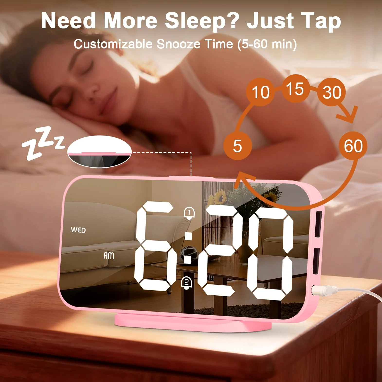 ALANAS Reloj despertador digital, alarmas duales con repetición, ajuste de brillo, 2 puertos de carga USB para teléfono celular, 12/24 horas, reloj despertador enchufable con batería de respaldo