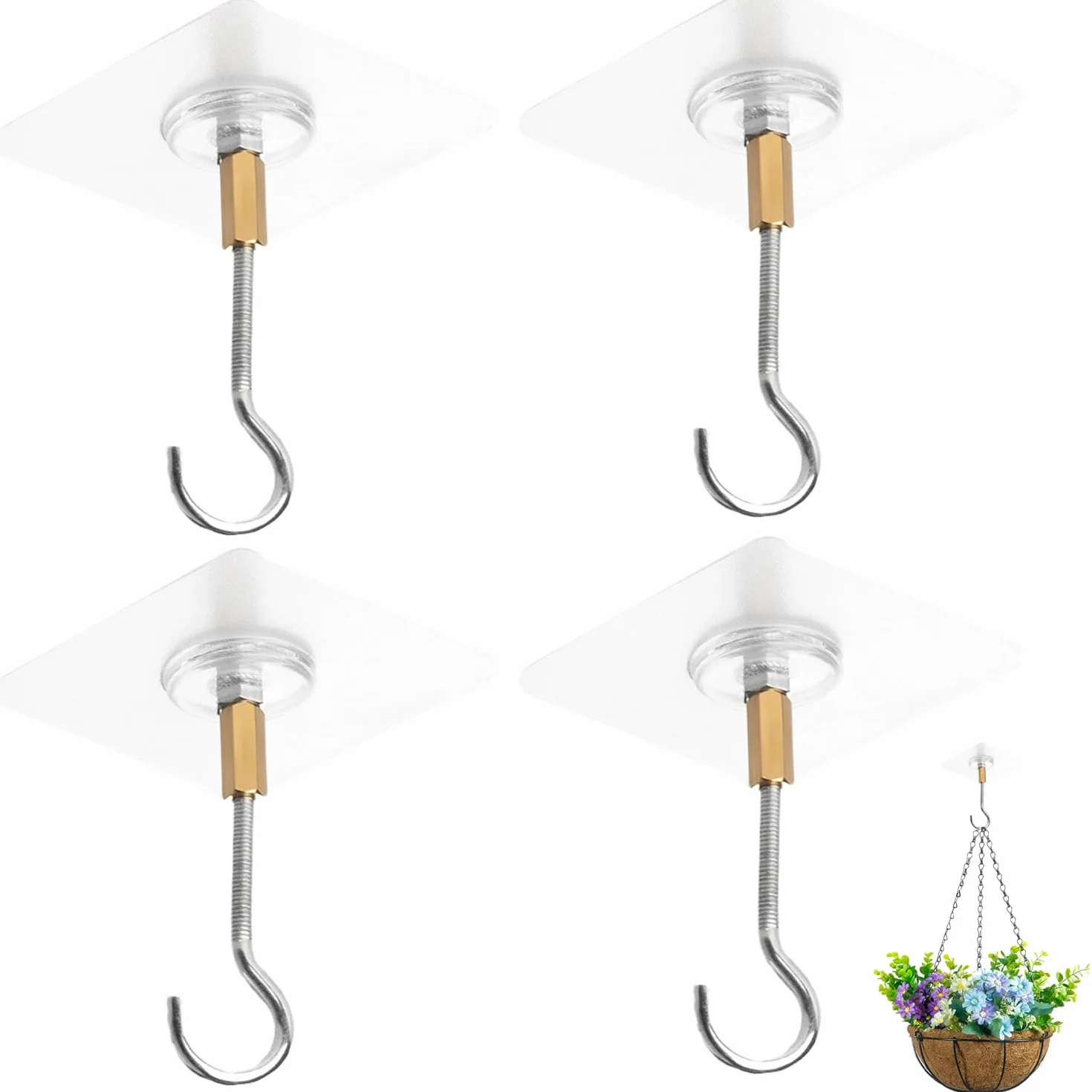 4 piezas Ganchos de techo autoadhesivos, Enganches para Pared Sin Taladro, aptos para plantas, para baño, cocina, oficina, dormitorio