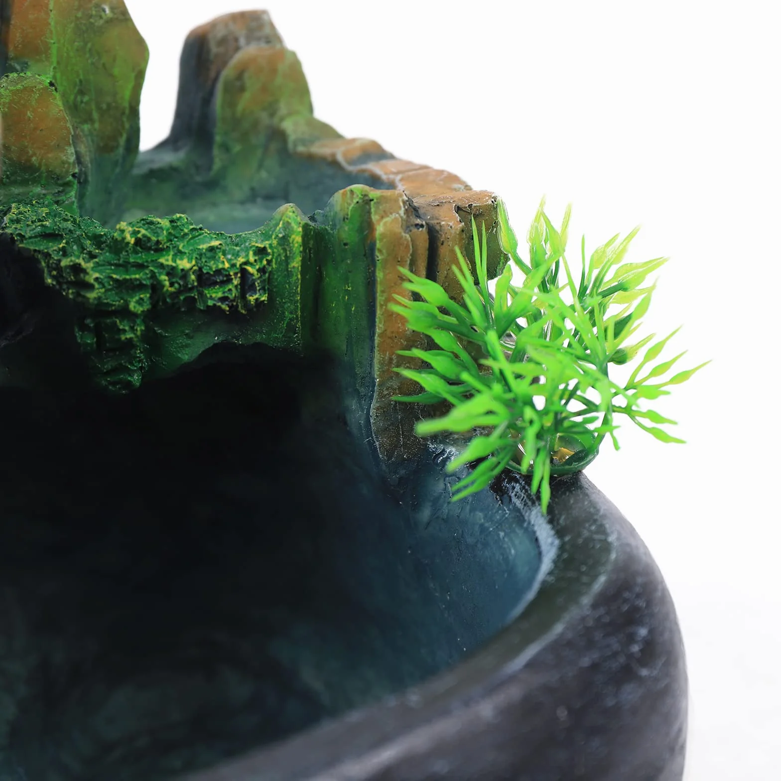 Fuente de interior con iluminación LED, fuente de planta verde, fuente de jardín, fuente decorativa, fuente de mesa, cascada con niebla, 28 x 15 x 20 cm