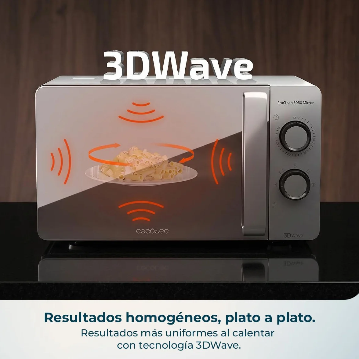 Cecotec Microondas 20L ProClean 3160 Mirror Wave con revestimiento Ready2Clean para una mejor limpieza, tecnología 3DWave, 700 W, 20 l, color plateado