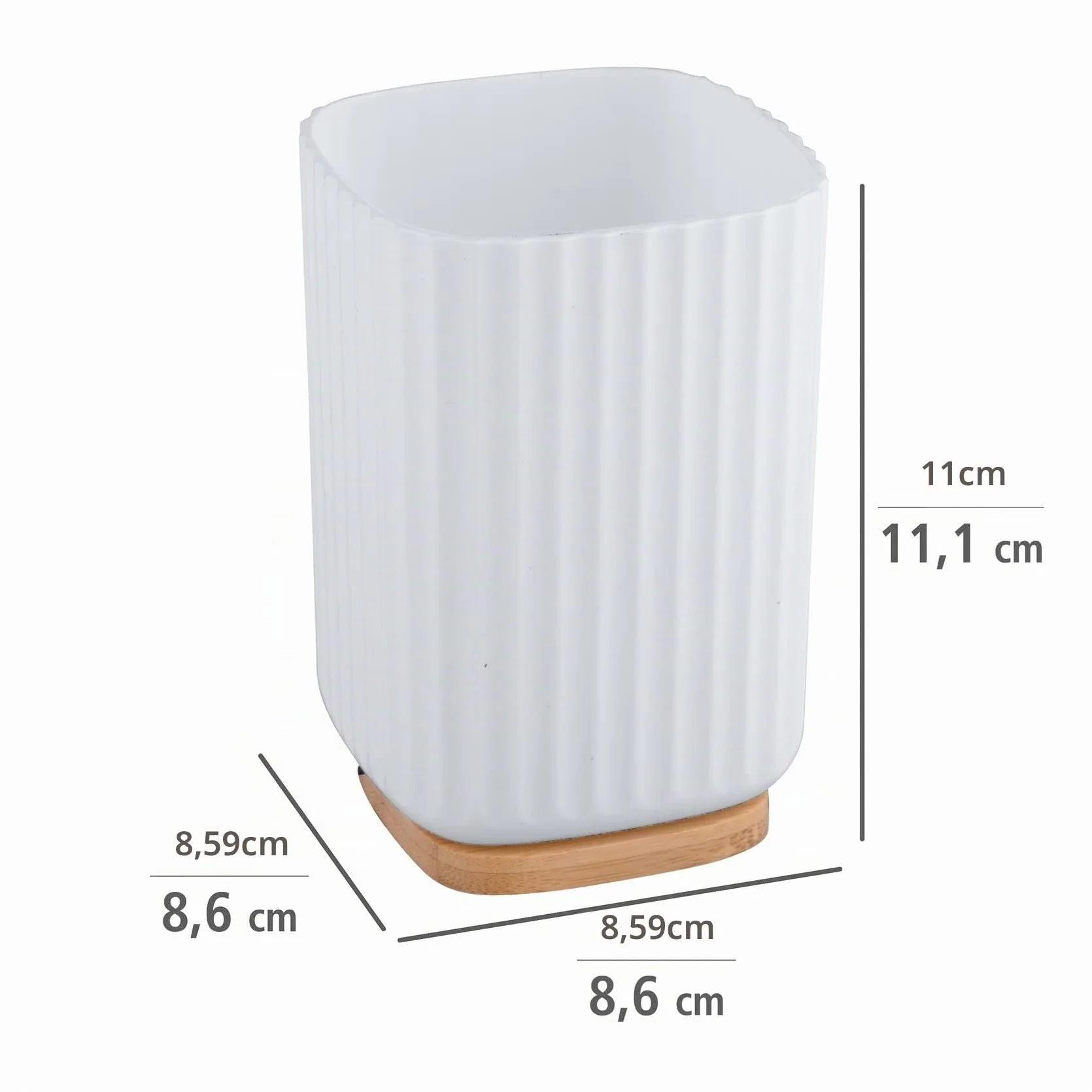 WENKO Vaso para el cepillo de dientes Rotello, portacepillos de plástico py base de bambú, para guardar utensilios, estructura acanalada de fácil sujeción, Ø 8,6 x 11,1 cm, blanco/natural