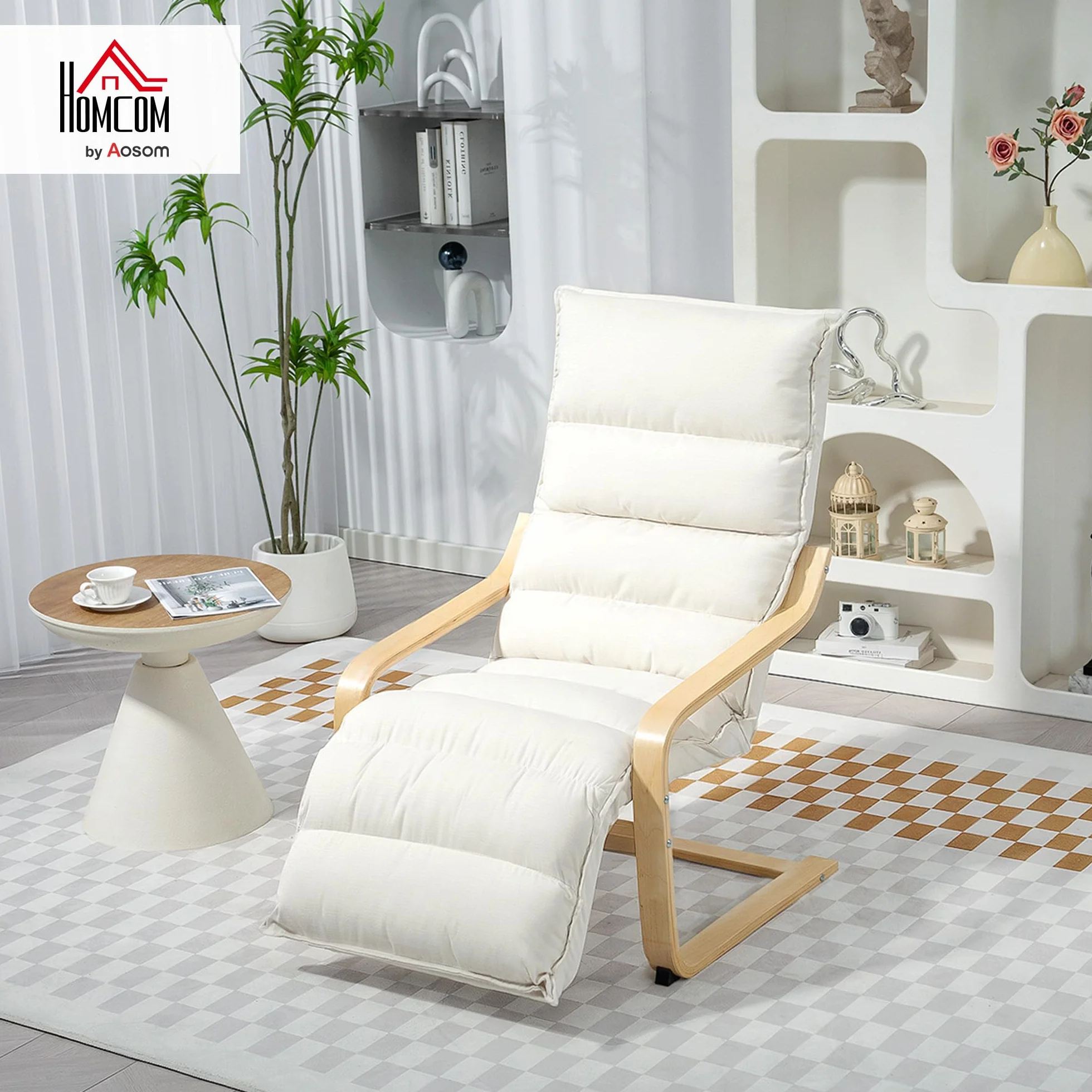 HOMCOM Sillón de Salón con Reposapiés Ajustable, Butaca de Salón Tapizada en Terciopelo, Marco de Madera, Sillón de Relax para Dormitorio, Oficina, Estudio, 67x93x105 cm, Crema