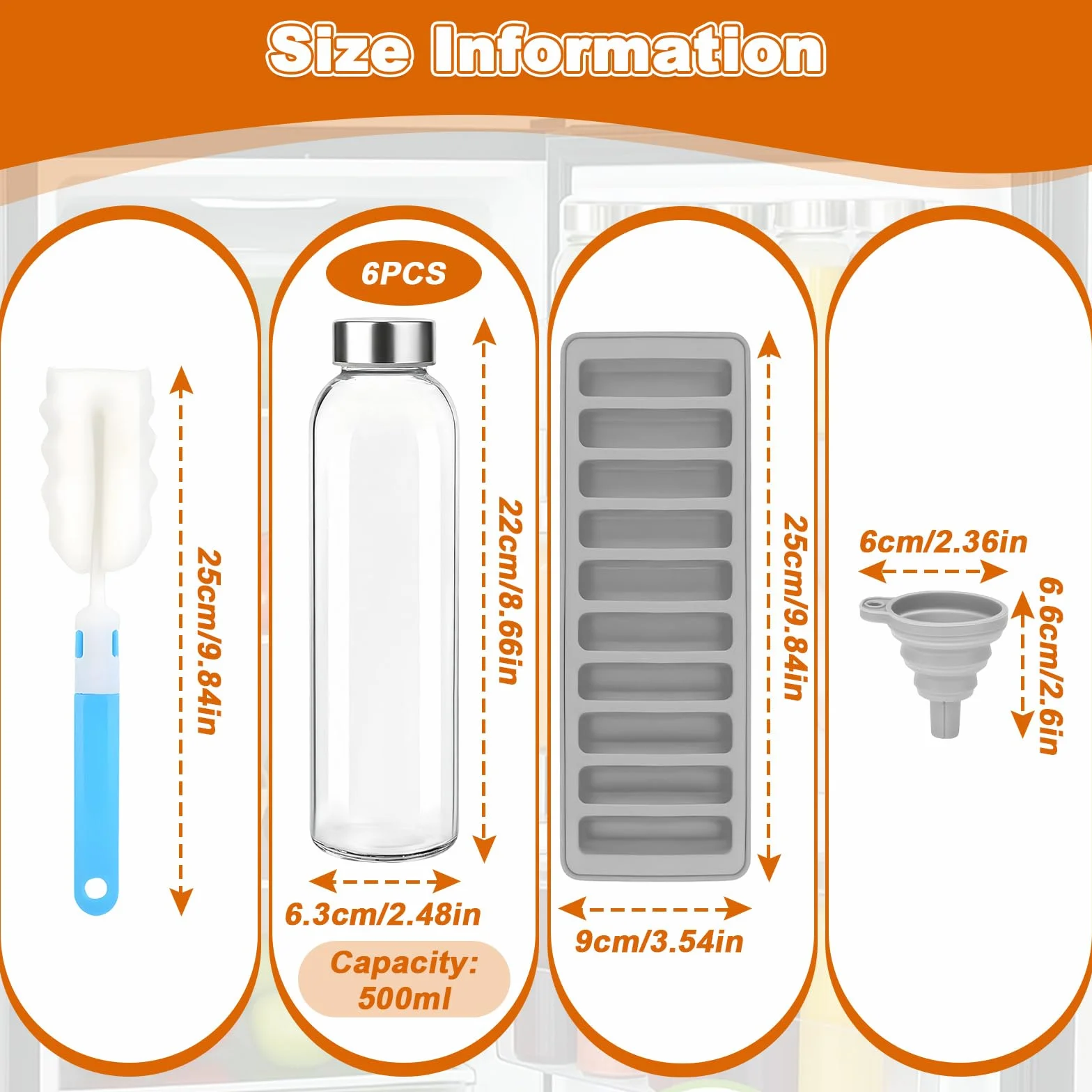 Botella de jugo de vidrio de 6 piezas, botella de agua transparente de 500 ml con tapa sellada de acero inoxidable, cepillo de limpieza, embudo y bandeja para paletas