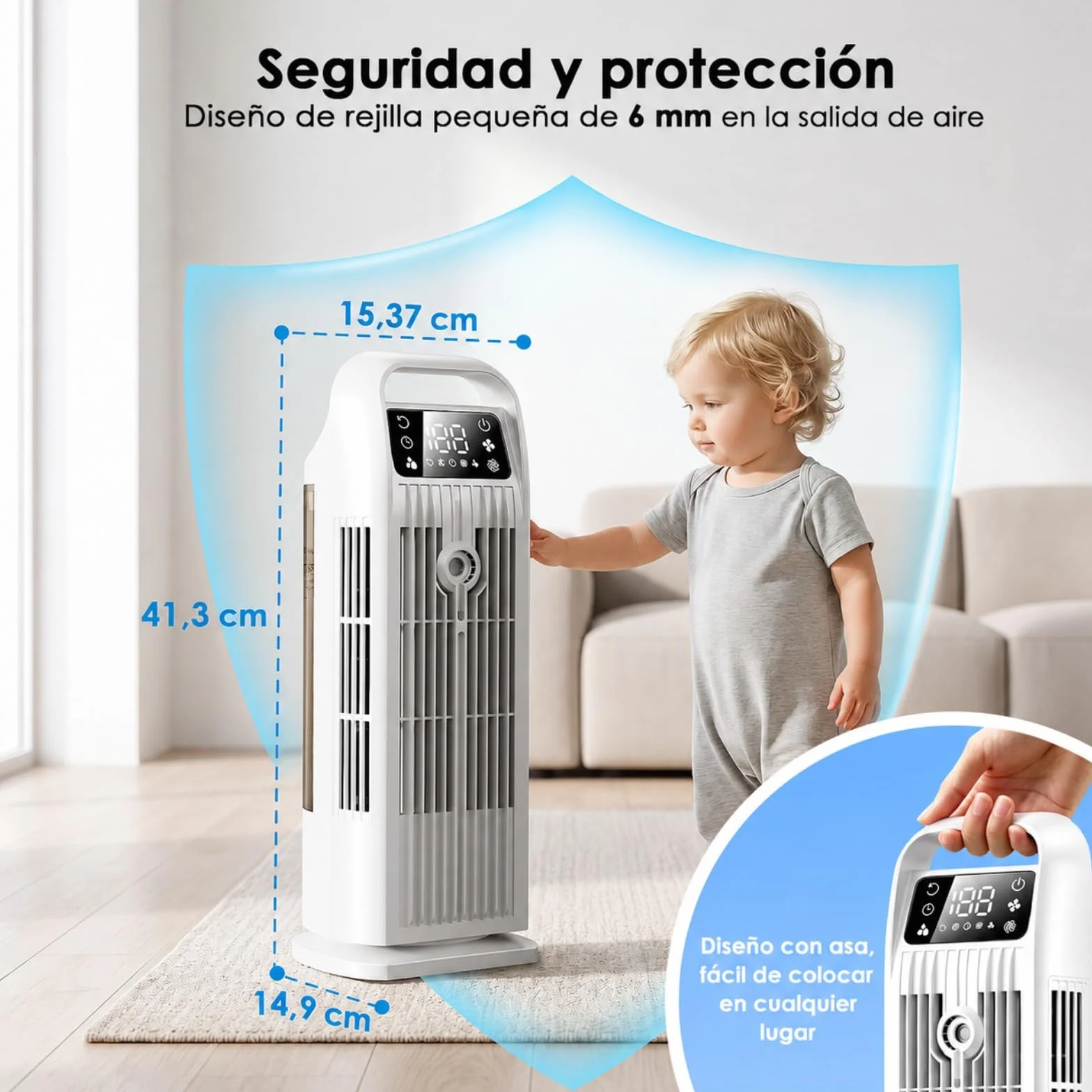 Aire Acondicionado Portátil sin Tubo, Climatizador Evaporativo 6 en 1 Bajo Consumo, Ventilador Torre Silencioso con Mando, Oscilación 120°, Depósito 1.2L, Temporizador 12H, Blanco Polar