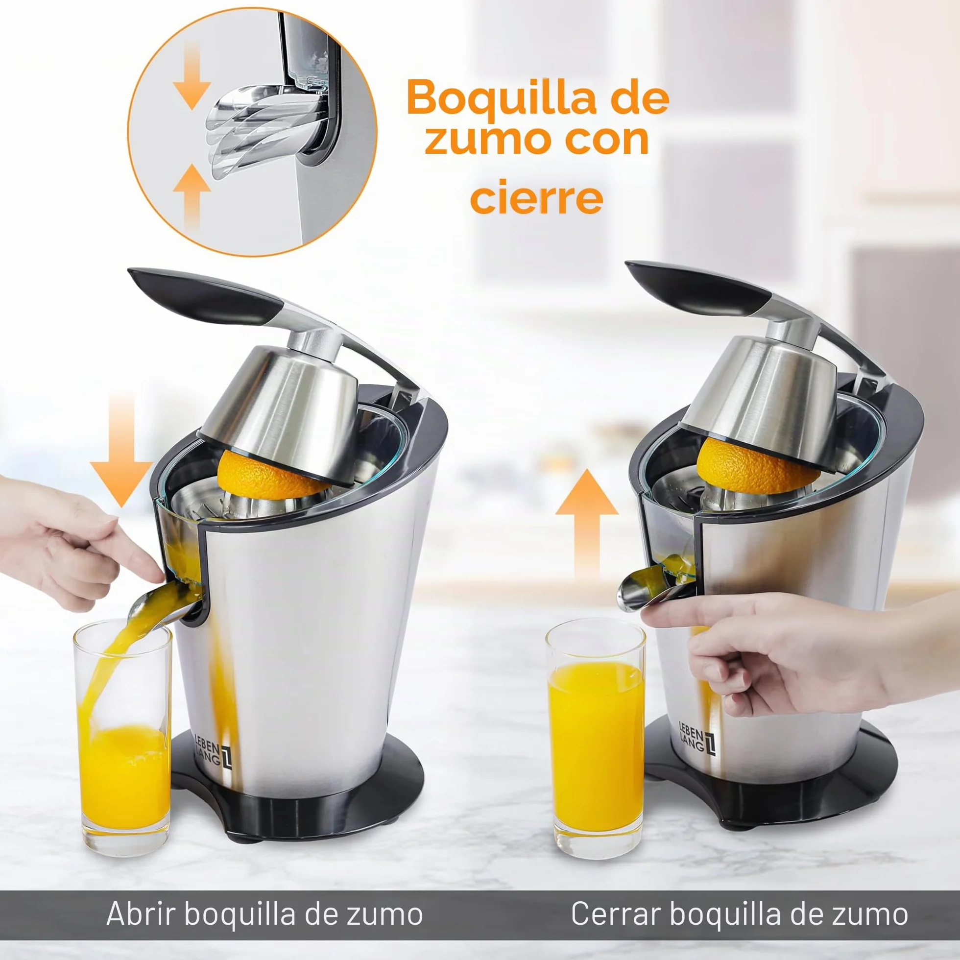 LEBENLANG Exprimidor de naranjas electrico 600W - Incl. Cono de Acero Inoxidable & Libre de BPA I Espremedor citrinos eléctrico Esprimidores zumos automatico Juicer orange machine Esprimidoras zumera