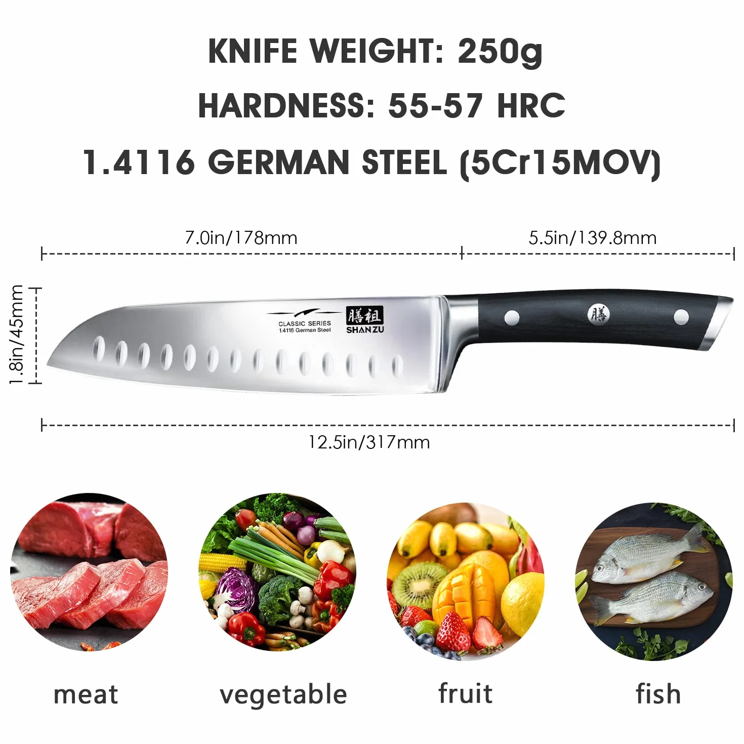 SHAN ZU Cuchillo Santoku Japones, Cuchillos de Cocina Profesionales 18cm, 7 ''Cuchillo Chef de Acero Inoxidable Alemán de Alto Carbono, Cuchillos Cocinero para Frutas, Verduras, Carne